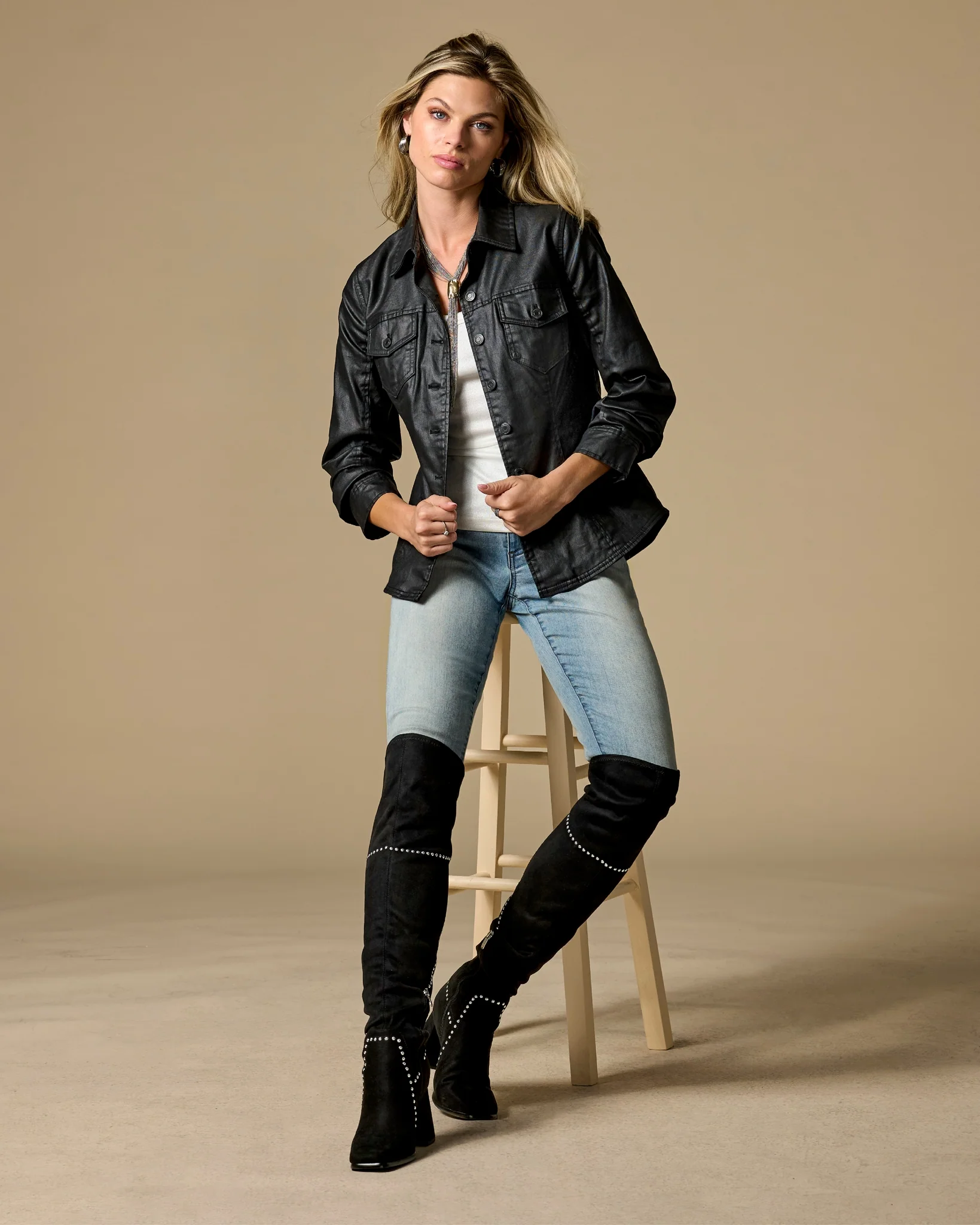 Over The Knee Studded Square Toe Boot Black - Mycitystee