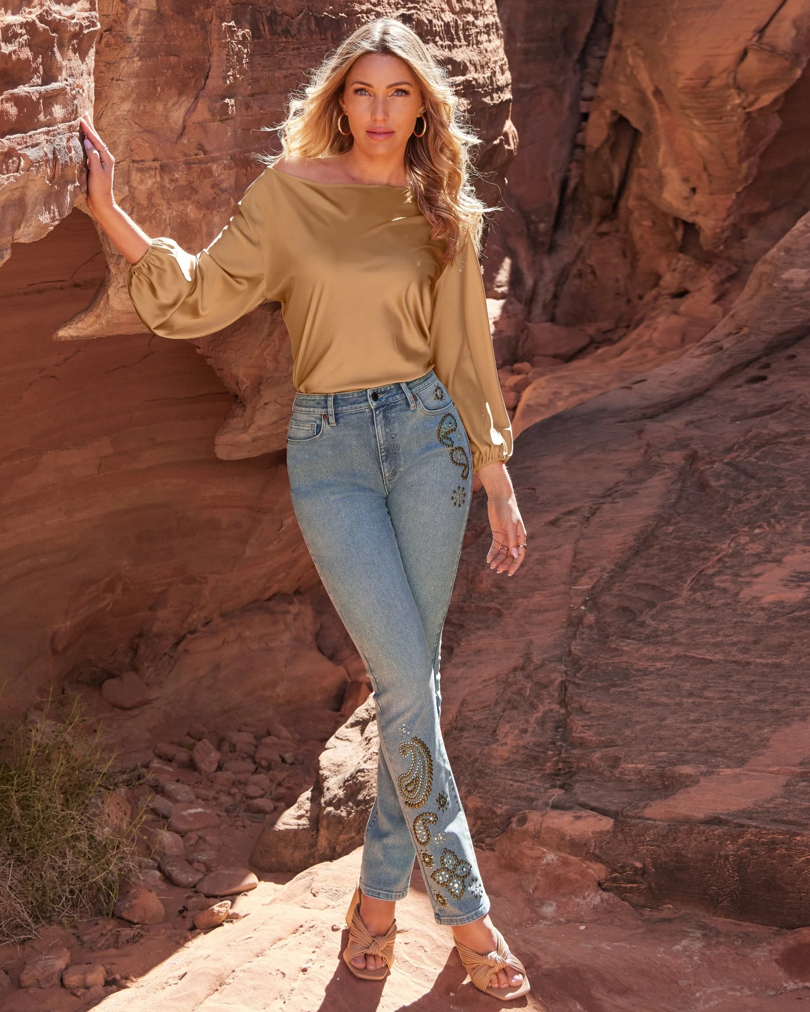 Newport Embellished Stud Slim Straight Ankle Jean Light Med Wash - Mycitystee