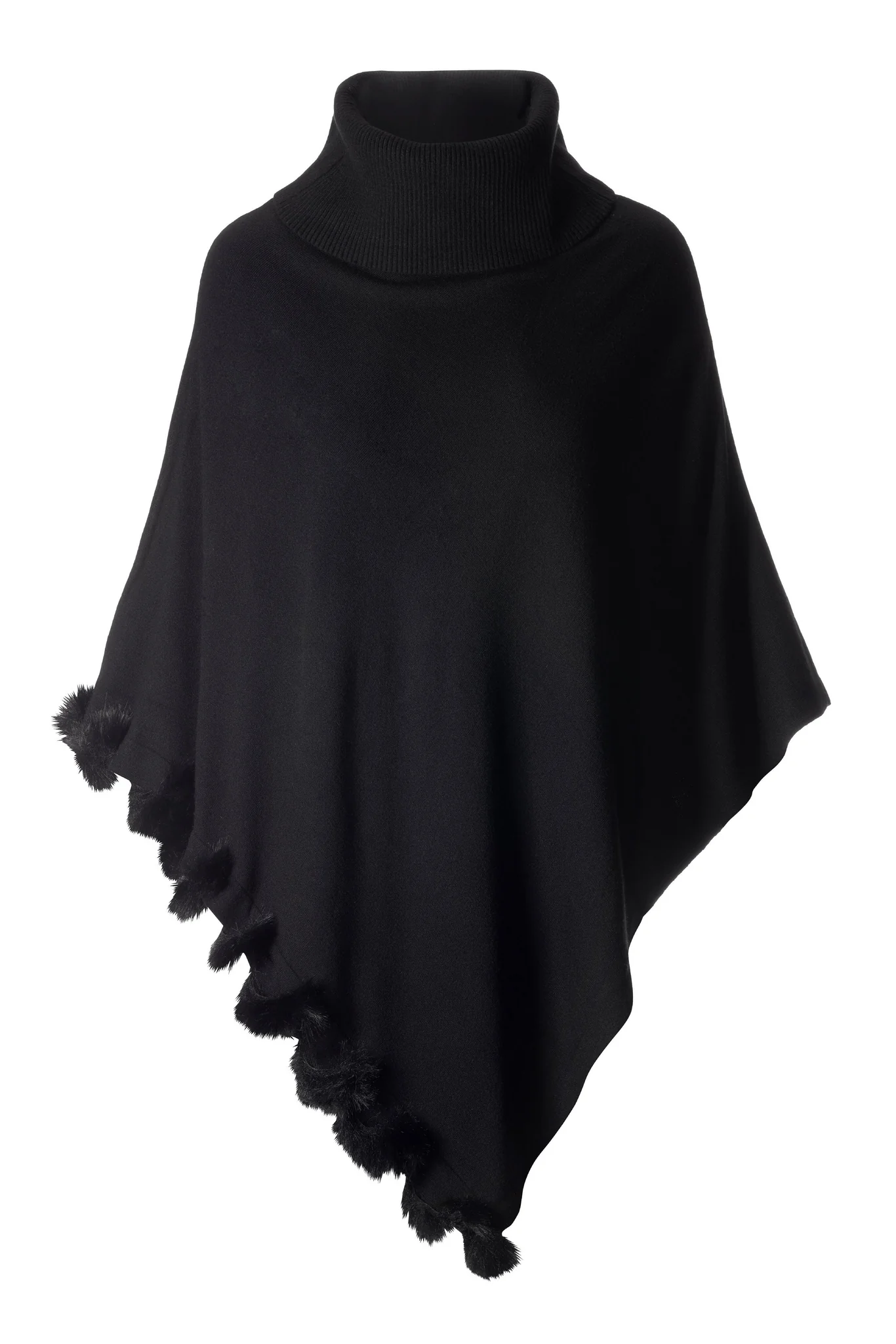 Faux Fur Trim Turtleneck Poncho Black - Mycitystee