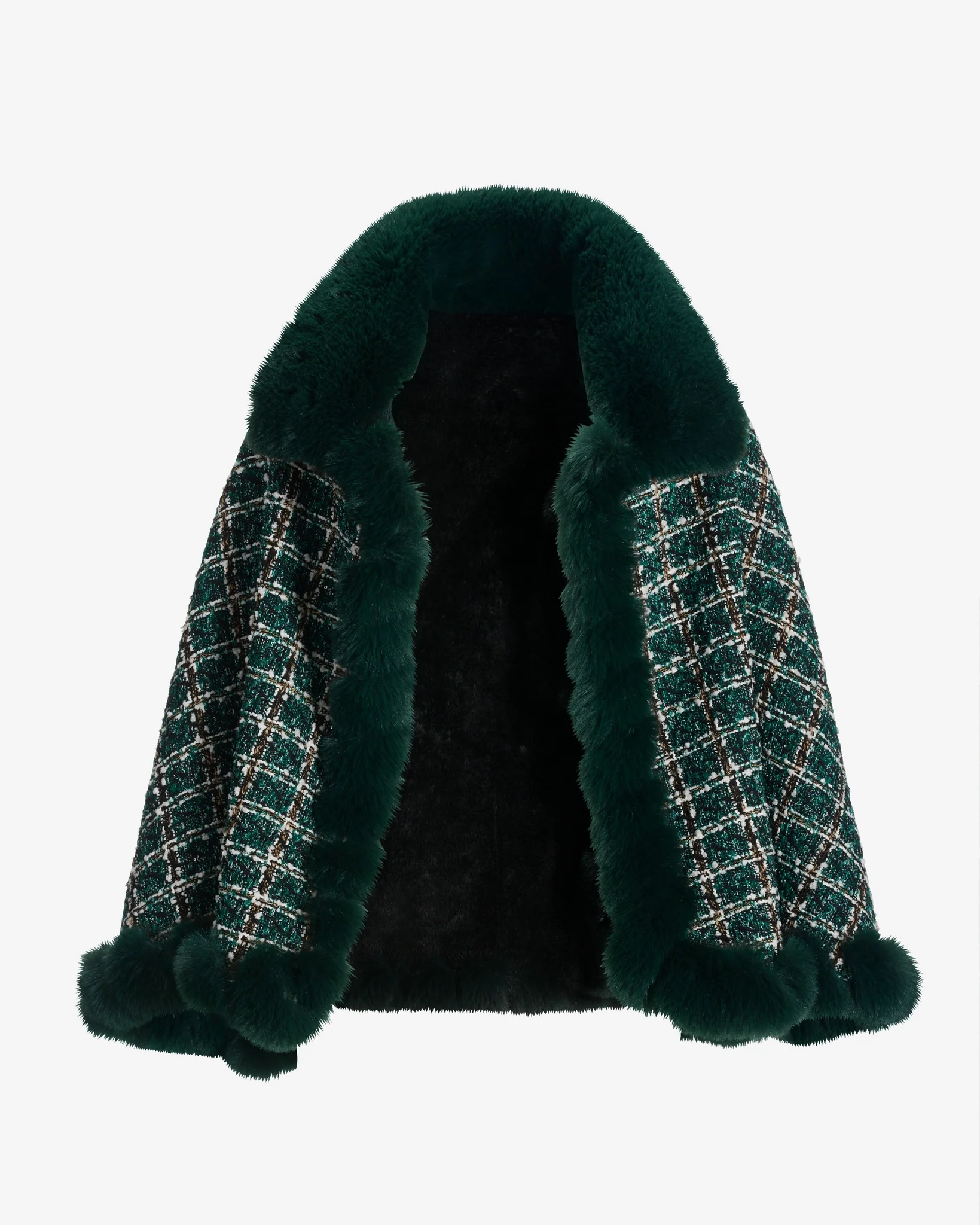 Faux Fur Trim Tweed Shawl Deep Emerald - Mycitystee
