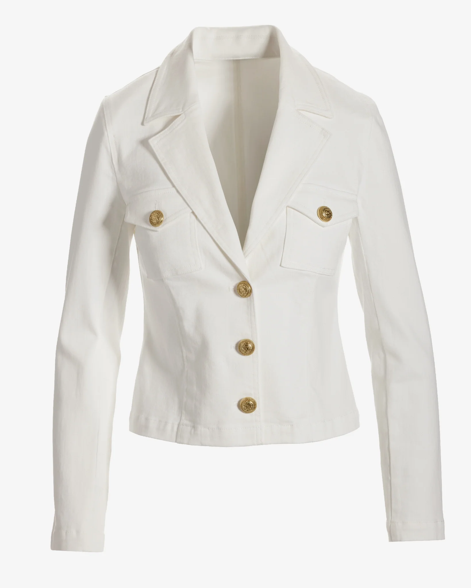 Modern Length Crest Button Luxe Denim Jacket White - Mycitystee
