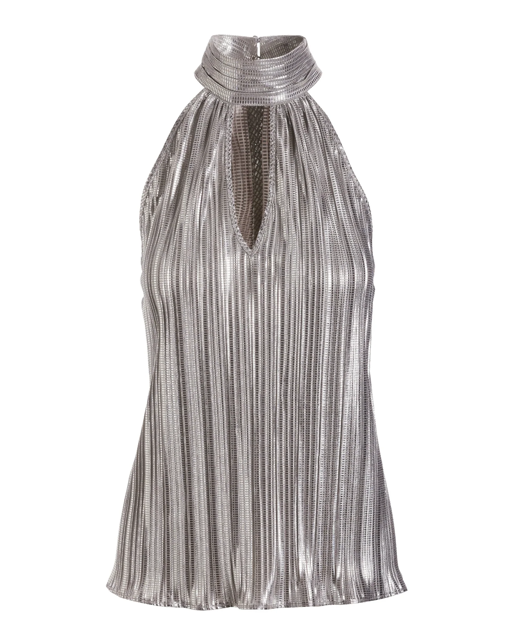 Metallic Mock Neck Keyhole Pleated Blouse Silver - Mycitystee