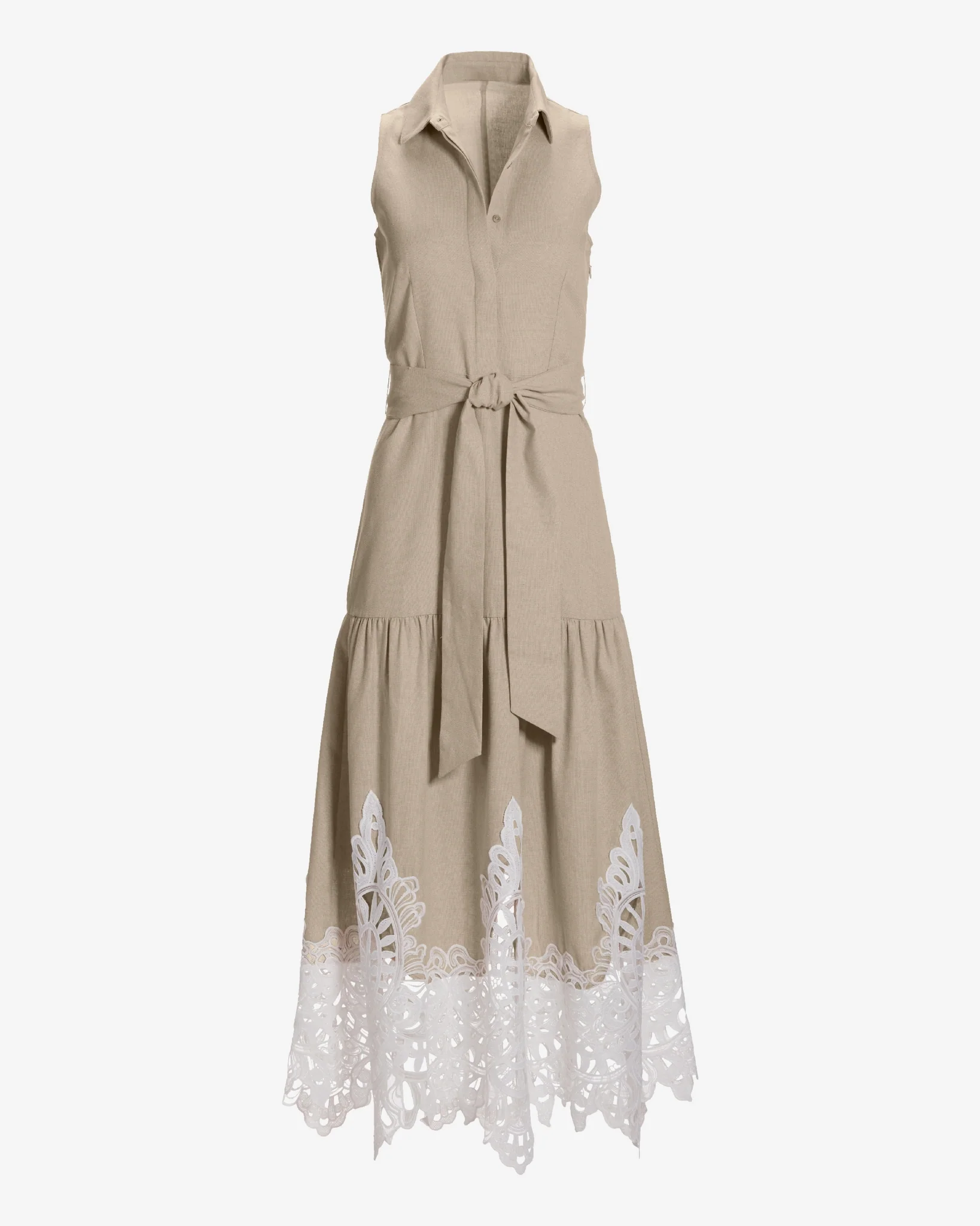 Lace Trim Linen Sleeveless Midi Dress Tan - Mycitystee