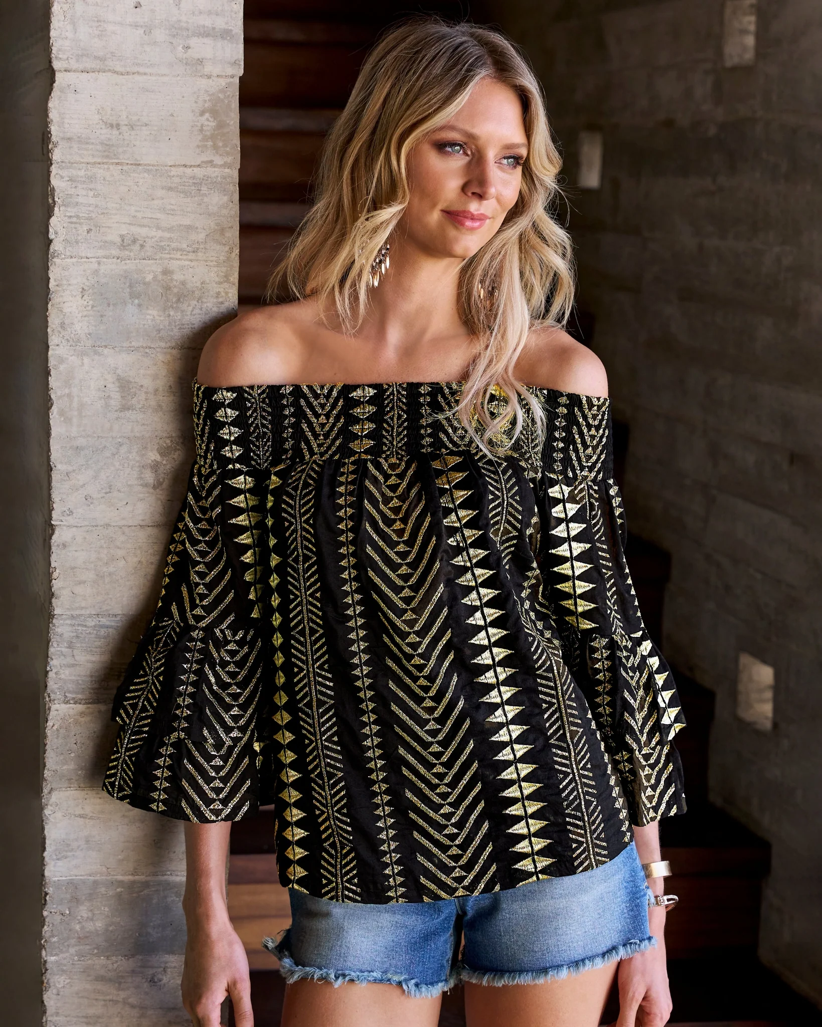 Gold Metallic Patterned Off the Shoulder Tiered Sleeve Blouse Black/Gold - Mycitystee