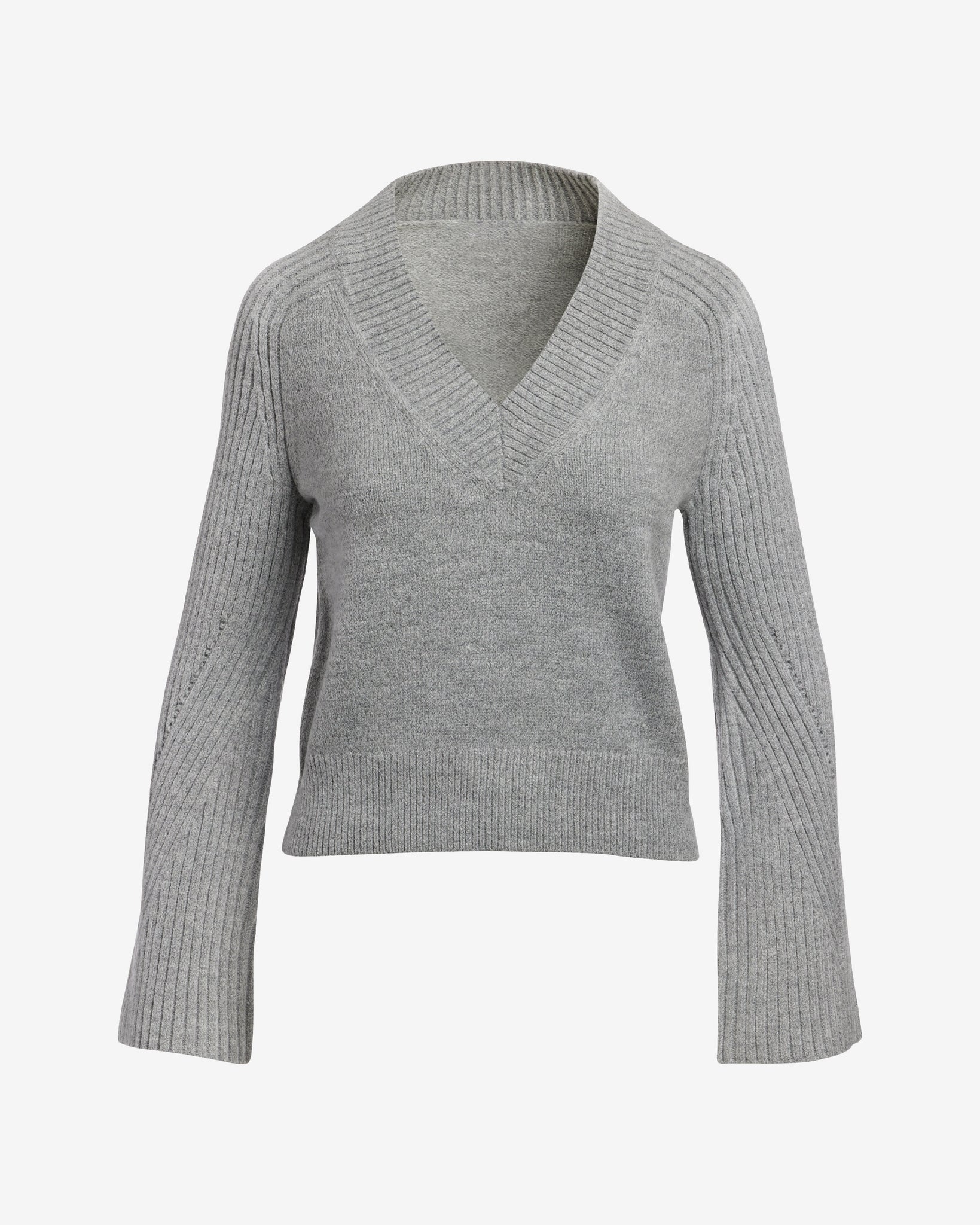 Wide Rib V-Neck Bell Sleeve Sweater Light Heather Gray - Mycitystee