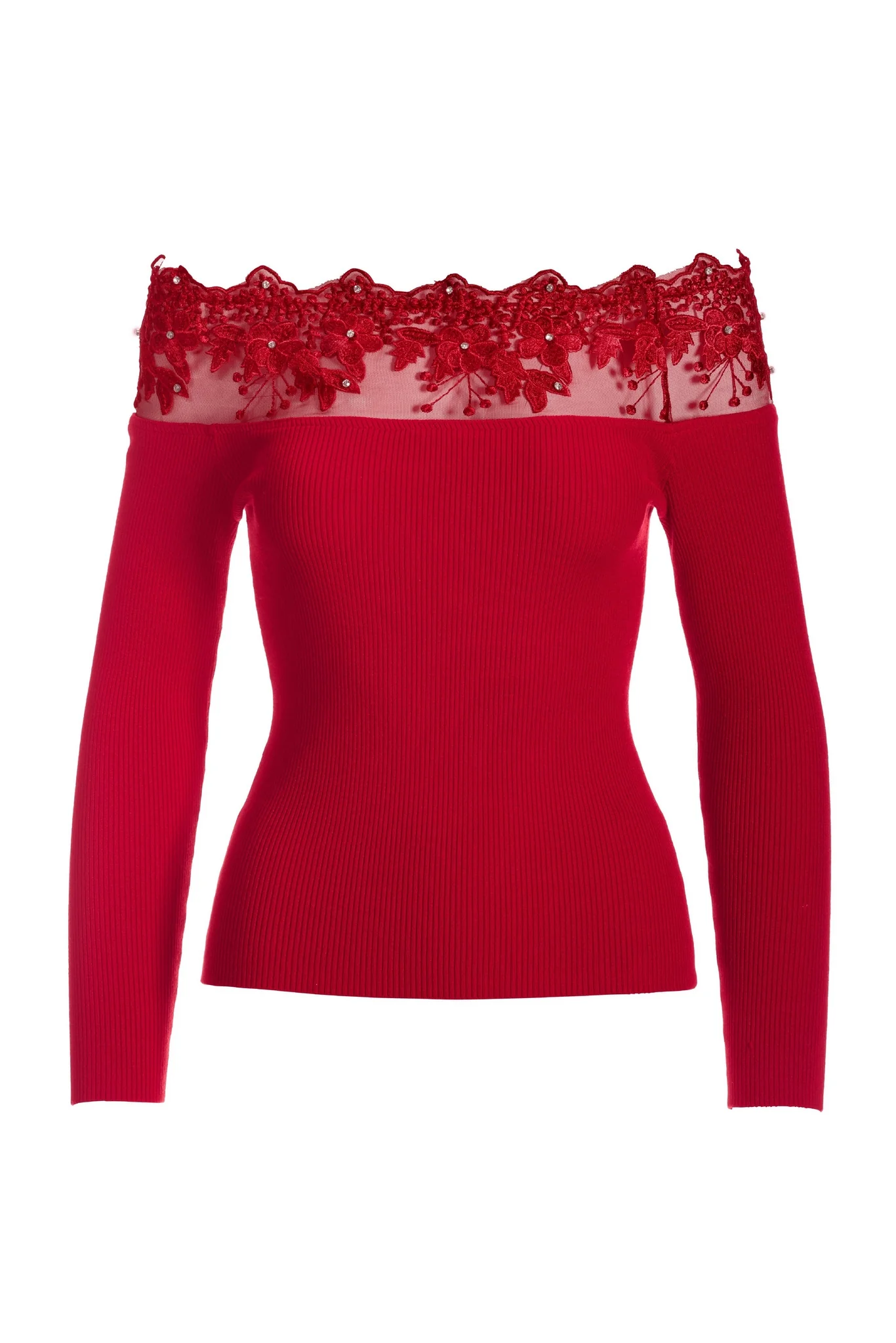 Embellished Lace Off the Shoulder Sweater Red - Mycitystee