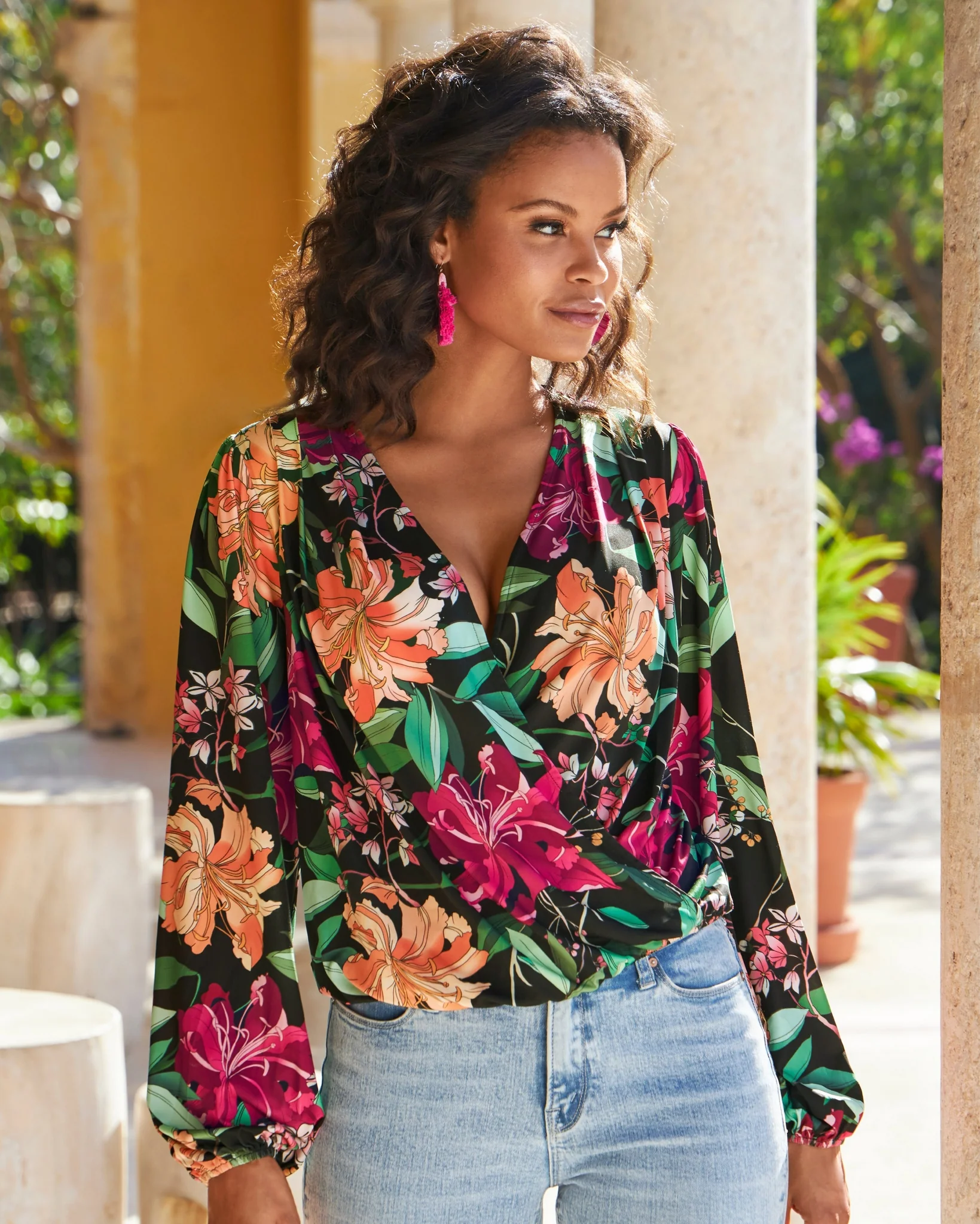 Floral Surplice Top Black Multi - Mycitystee