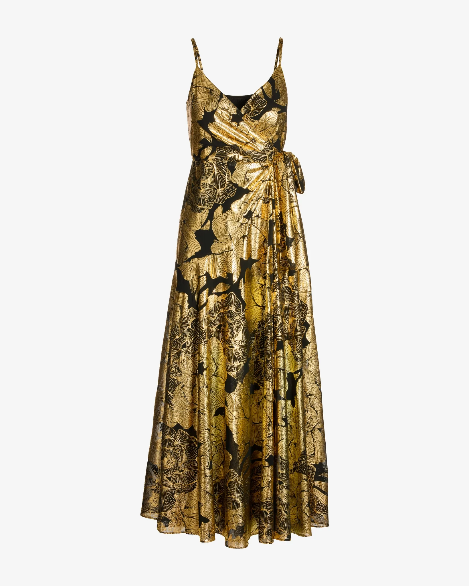 Metallic Foil Floral Wrap Maxi Dress Black/Gold - Mycitystee