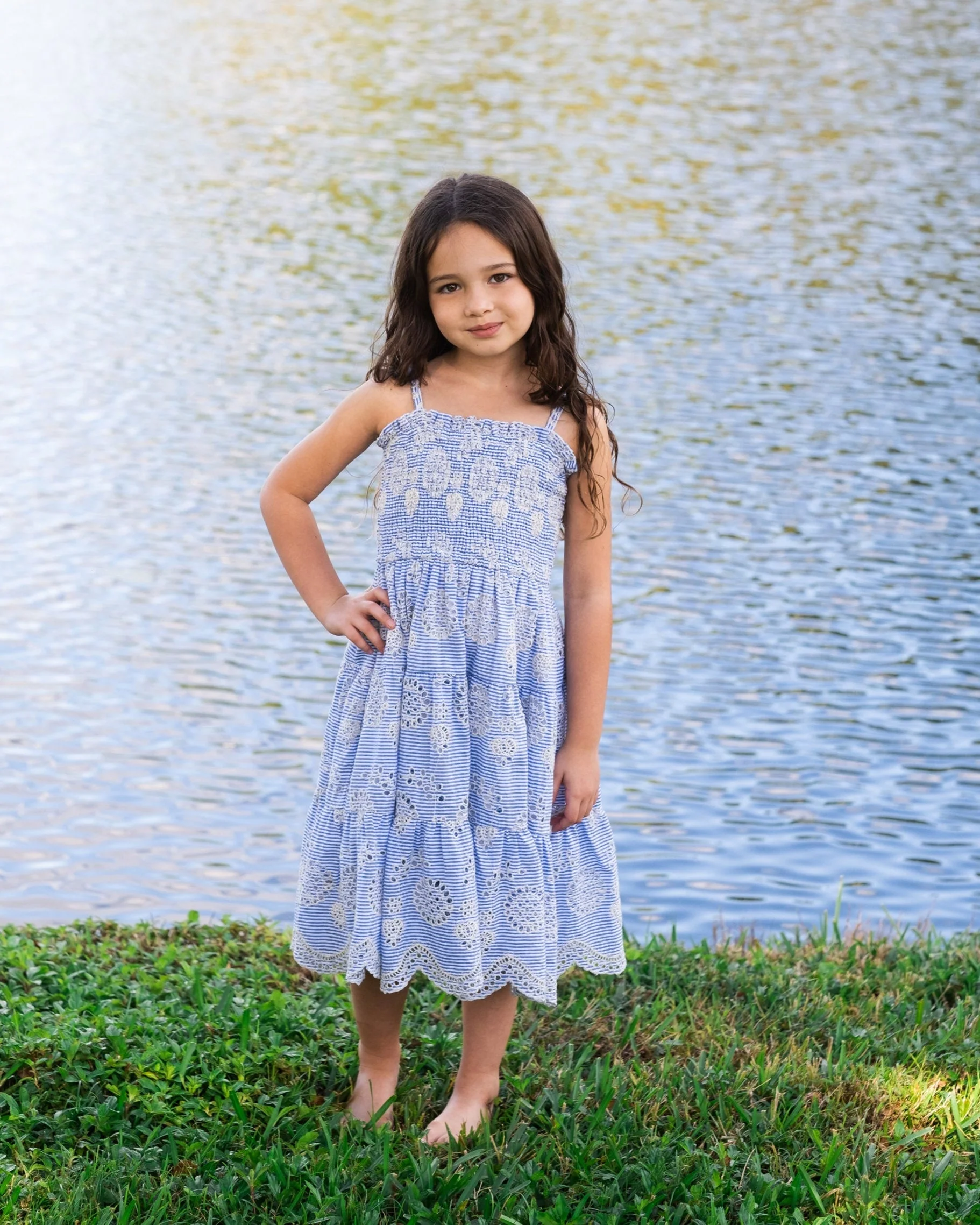 Girls Lila Dress In Sky/Natural Eyelet - Mycitystee