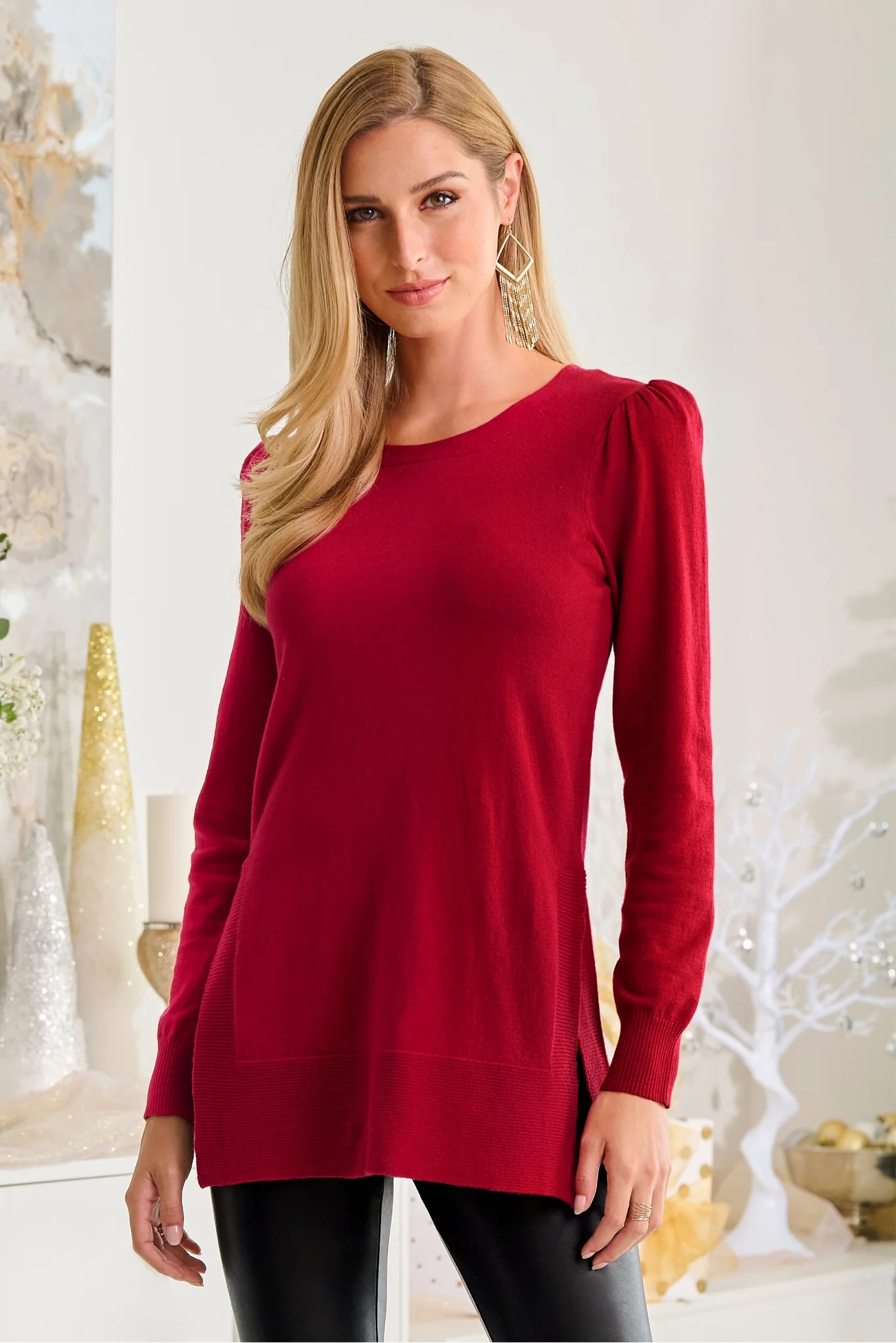 Puff-Sleeve Side Slit Sweater Jester Red - Mycitystee