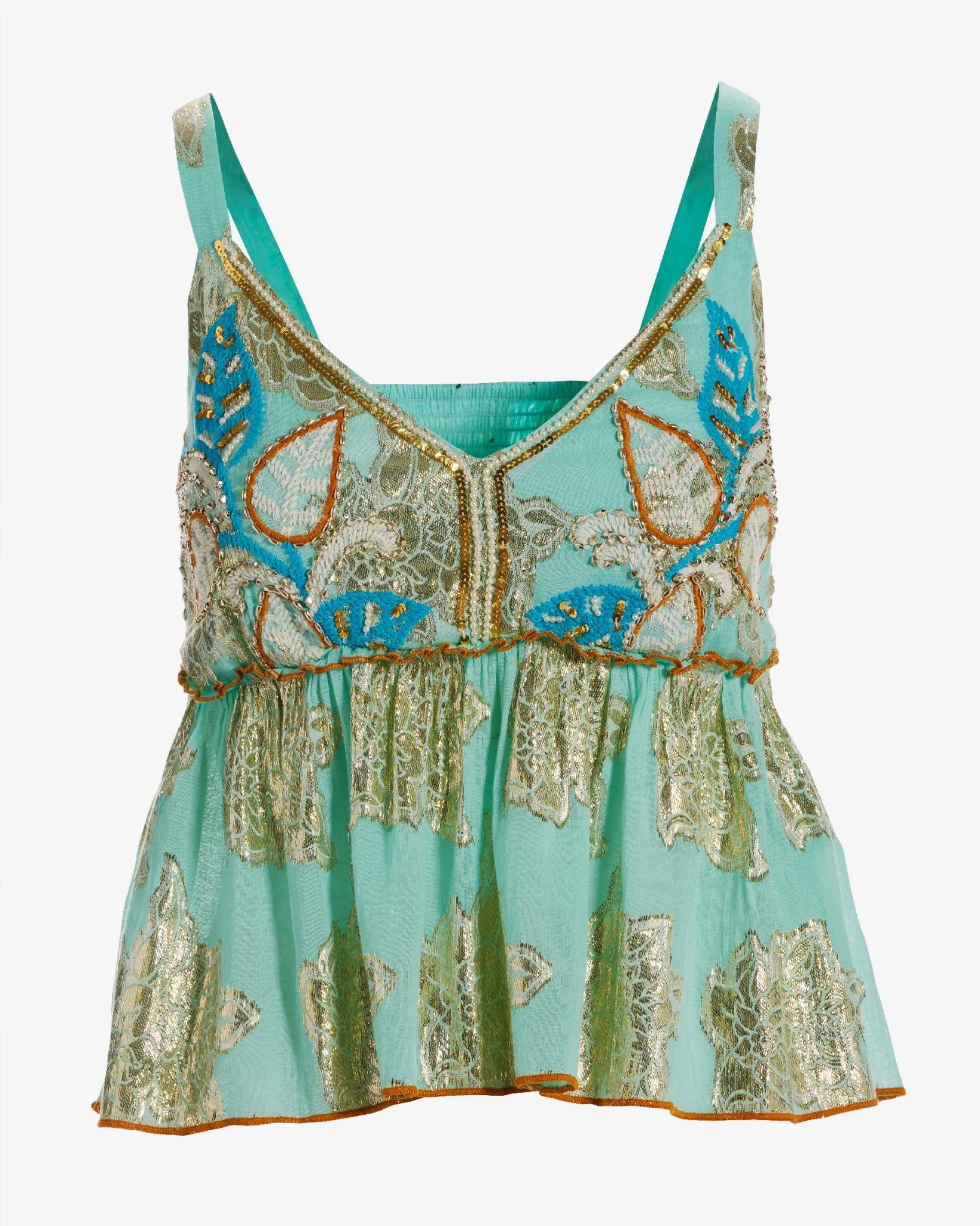 Metallic Gold Embroidered Tank Light Blue Multi - Mycitystee