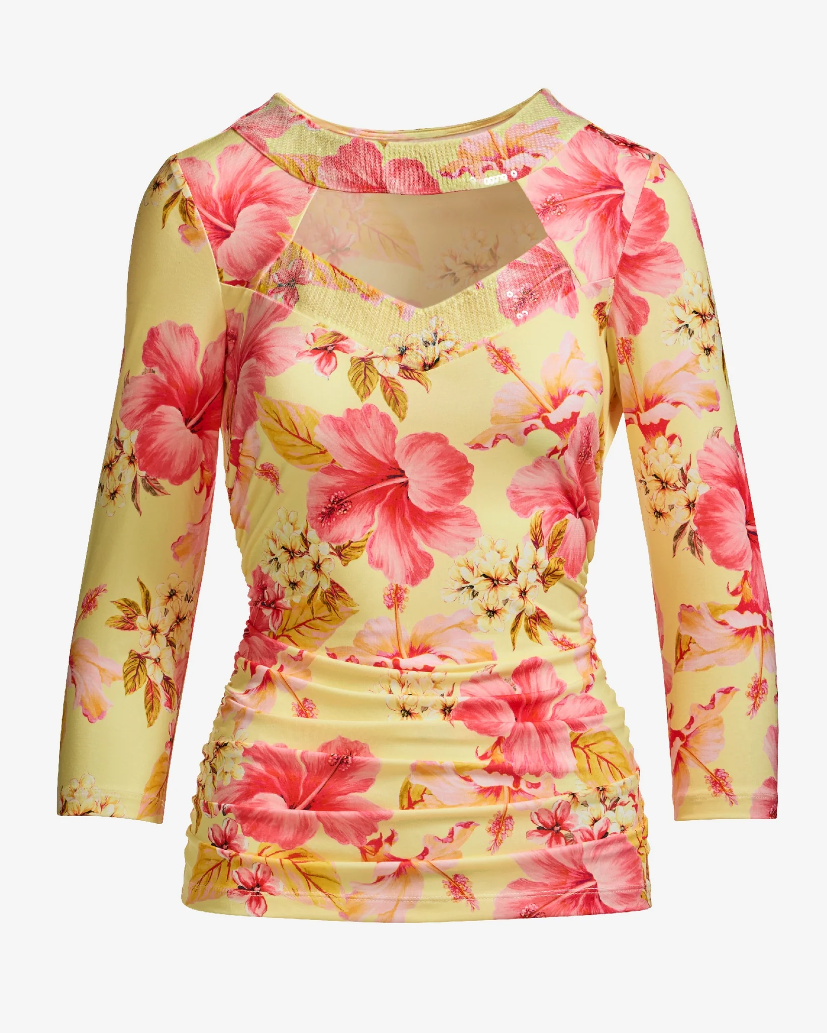 So Chic Print Cut Out Ruched Knit Top Hibiscus Springs - Mycitystee