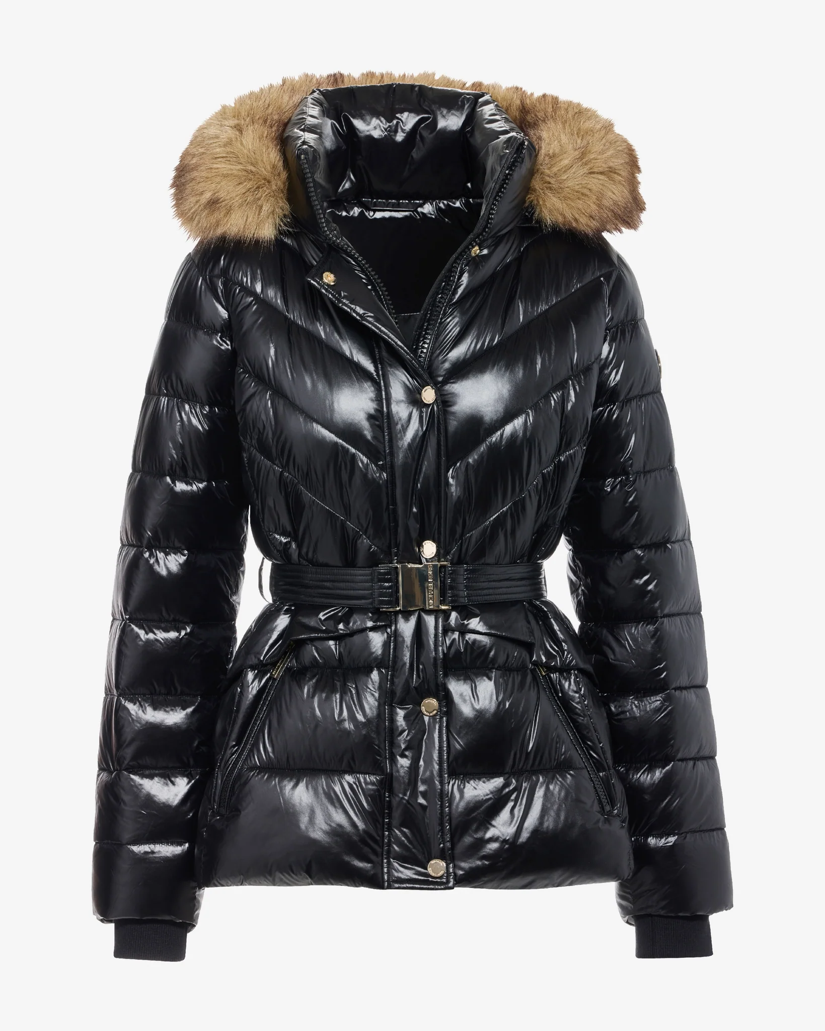 Glossy Finish Faux Fur Trim Hooded Puffer Coat Black - Mycitystee
