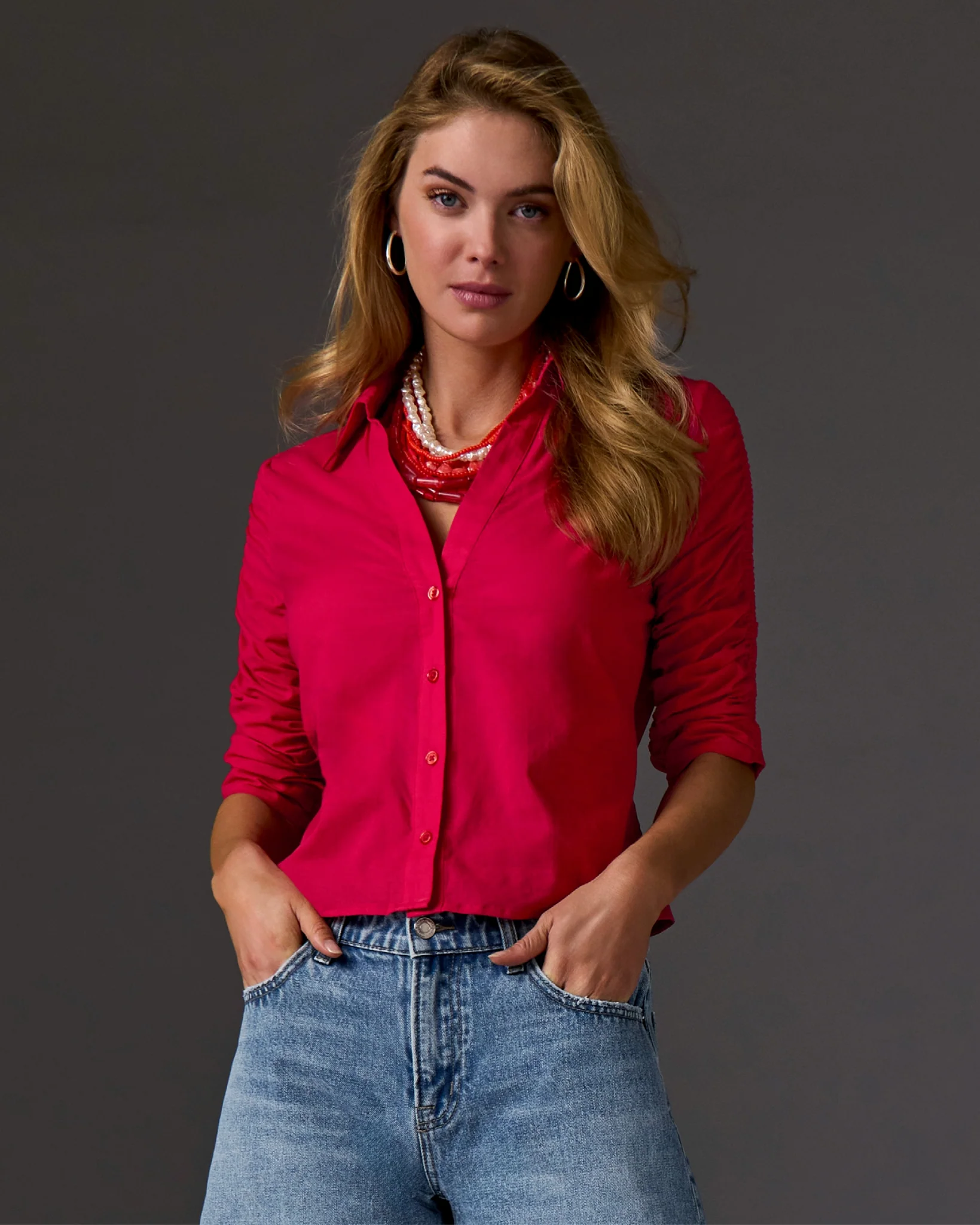 Ruched Sleeve Button Up Shirt True Red - Mycitystee