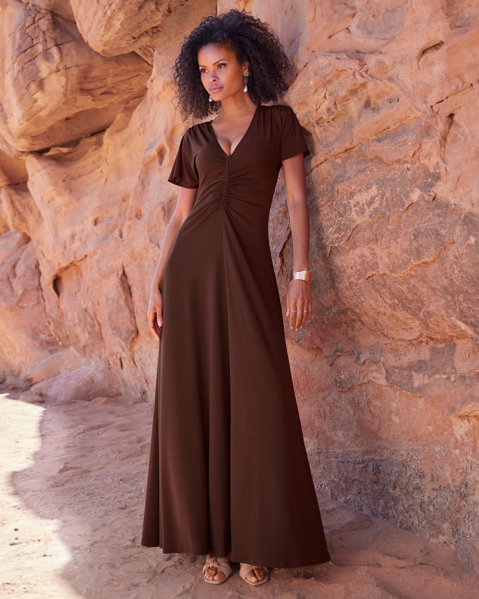 Ruched Detail V Neck Knit Maxi Dress Bitter Chocolate - Mycitystee