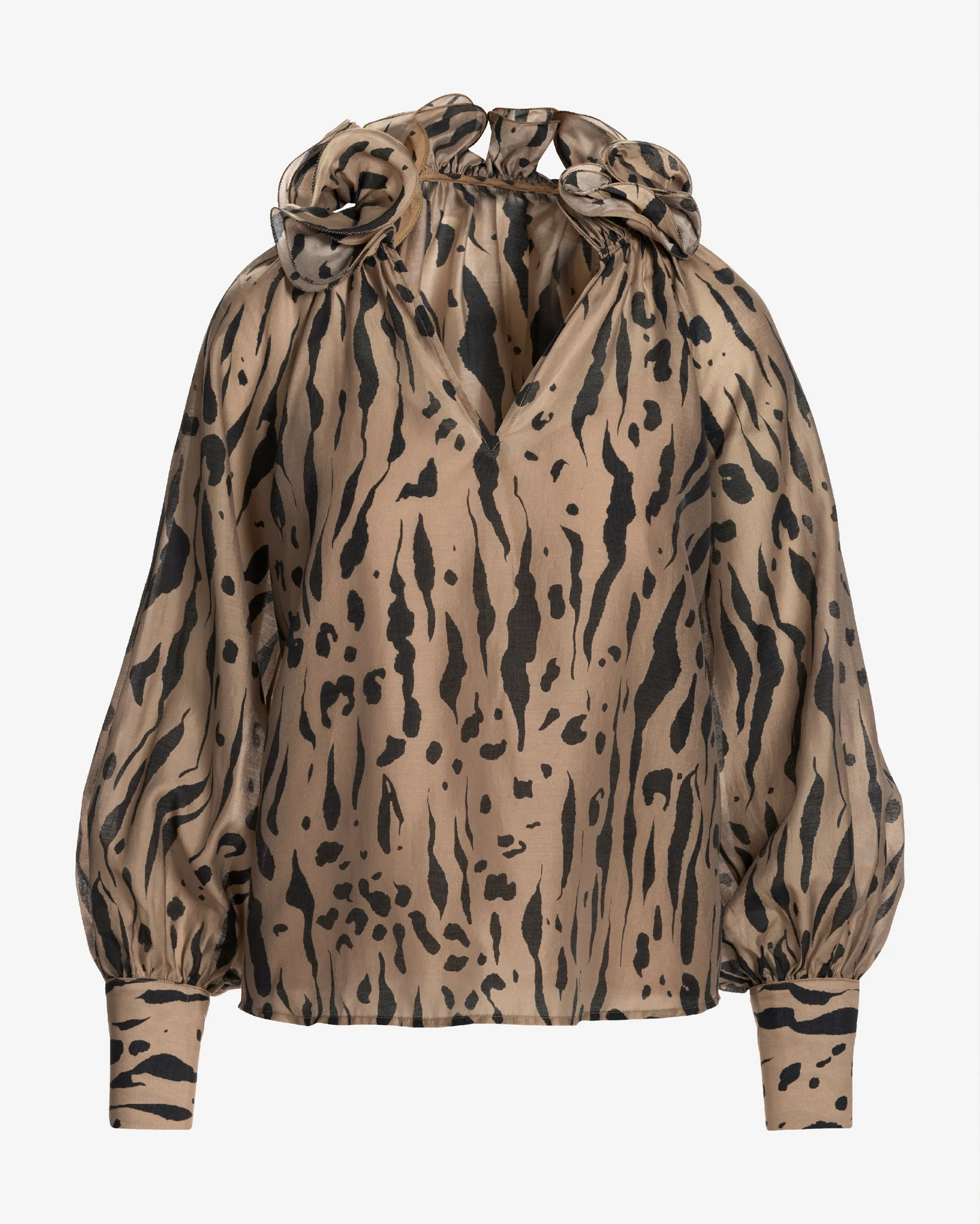 Ruffle Collar Print Blouse Textured Animal - Mycitystee