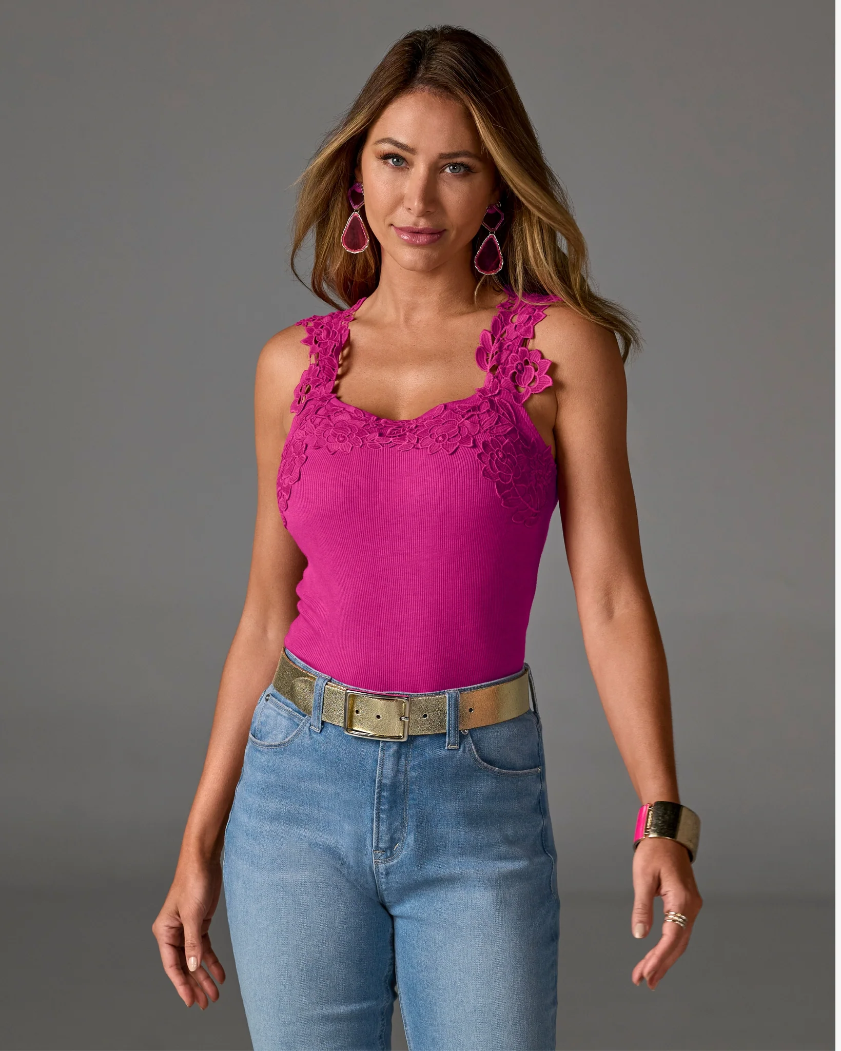 Ribbed Lace Applique Knit Tank Raspberry Rose - Mycitystee