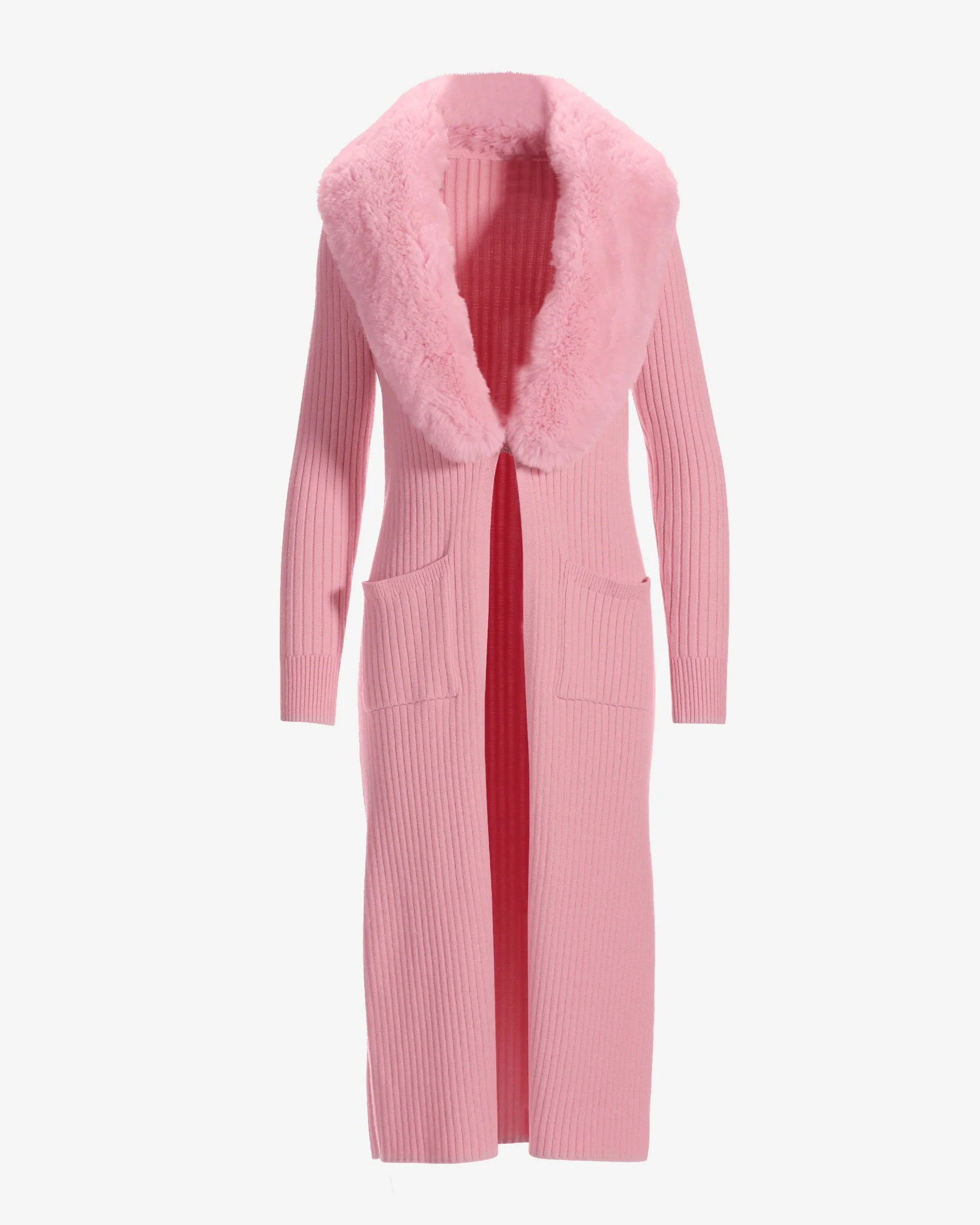 Faux Fur Collar Ribbed Long Cardigan Rose Shadow - Mycitystee