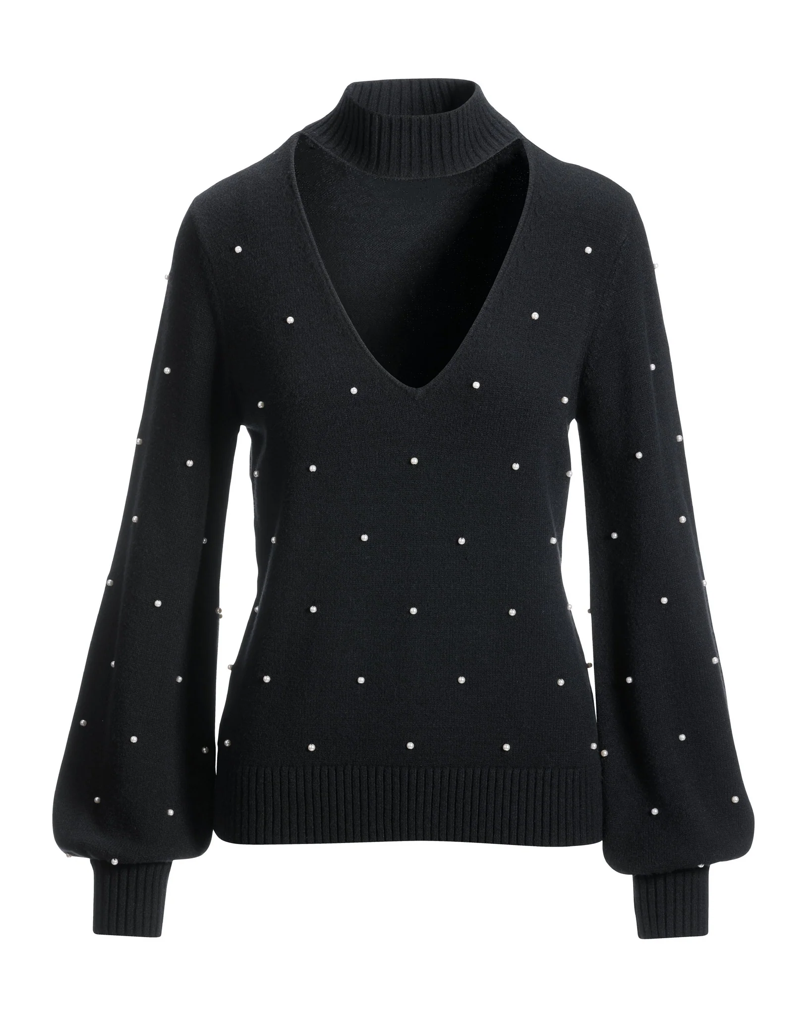 All Over Pearl Embellished Keyhole Sweater Black - Mycitystee