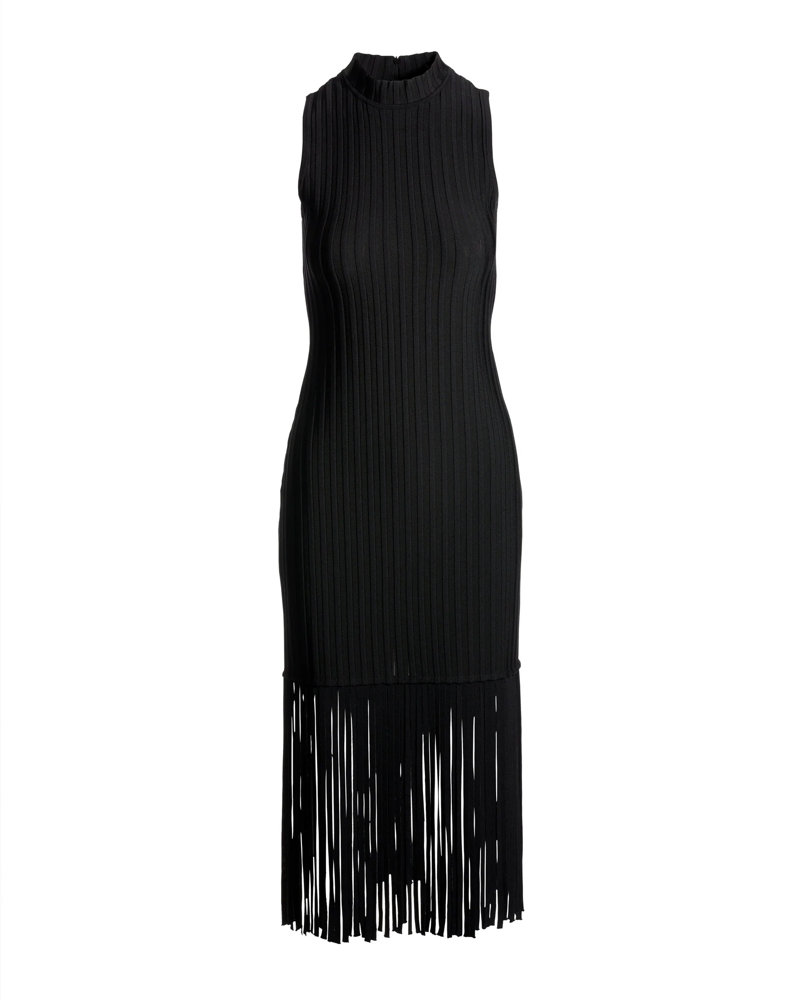 Bandage Knit Mock neck Fringe Midi Dress Black - Mycitystee