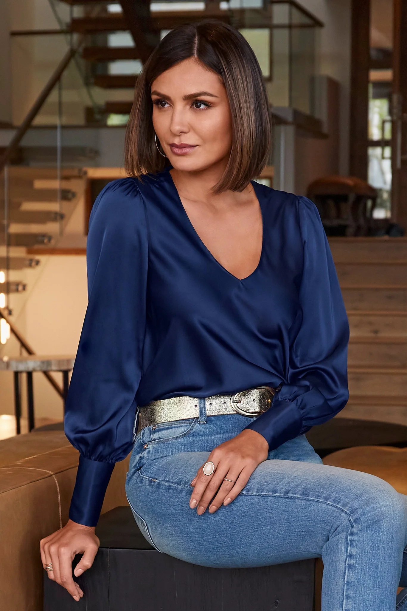 Audrey V Neck Long Sleeve Charmeuse Blouse Navy - Mycitystee