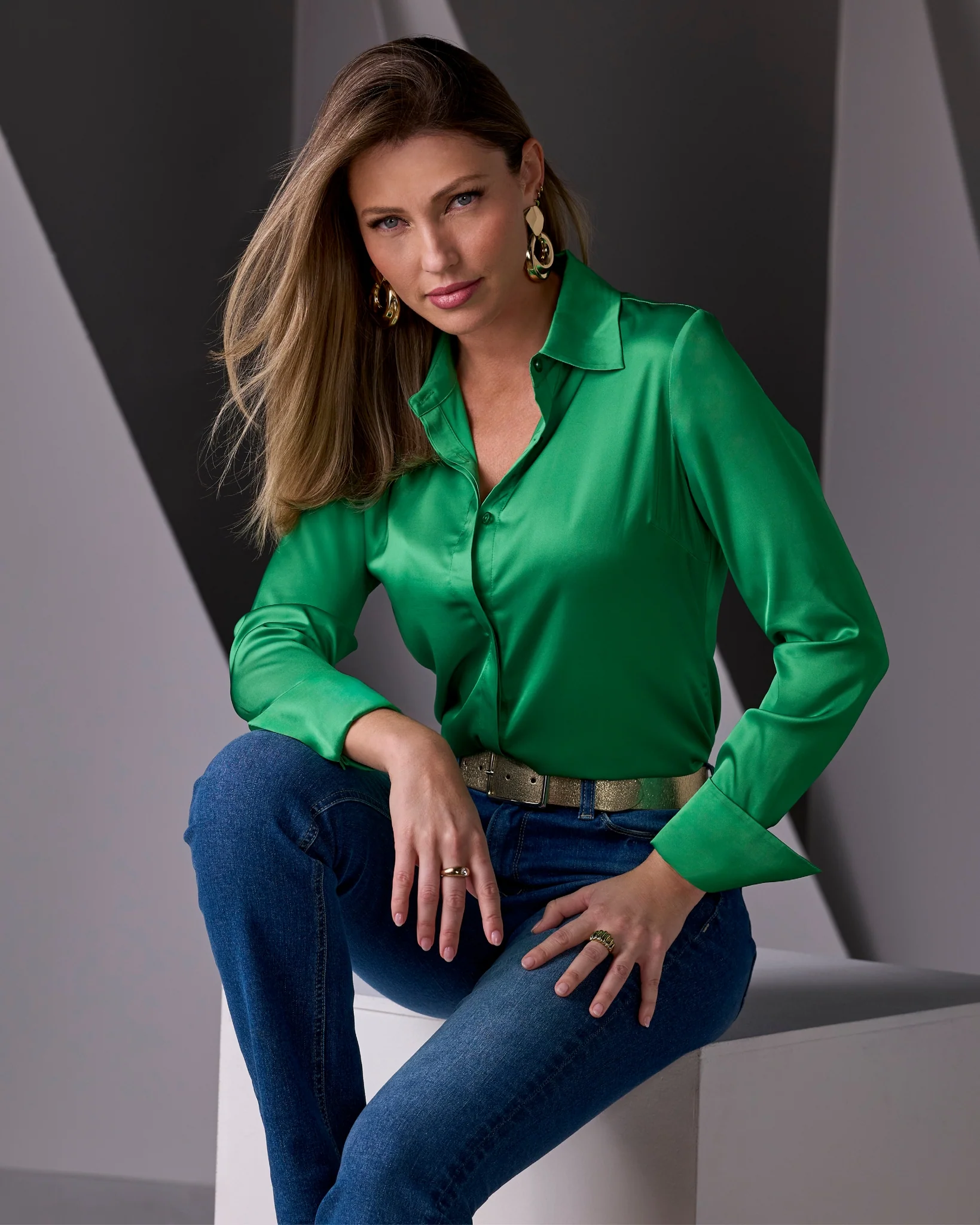 Sophia Button-Up Charmeuse Blouse Bright Green - Mycitystee