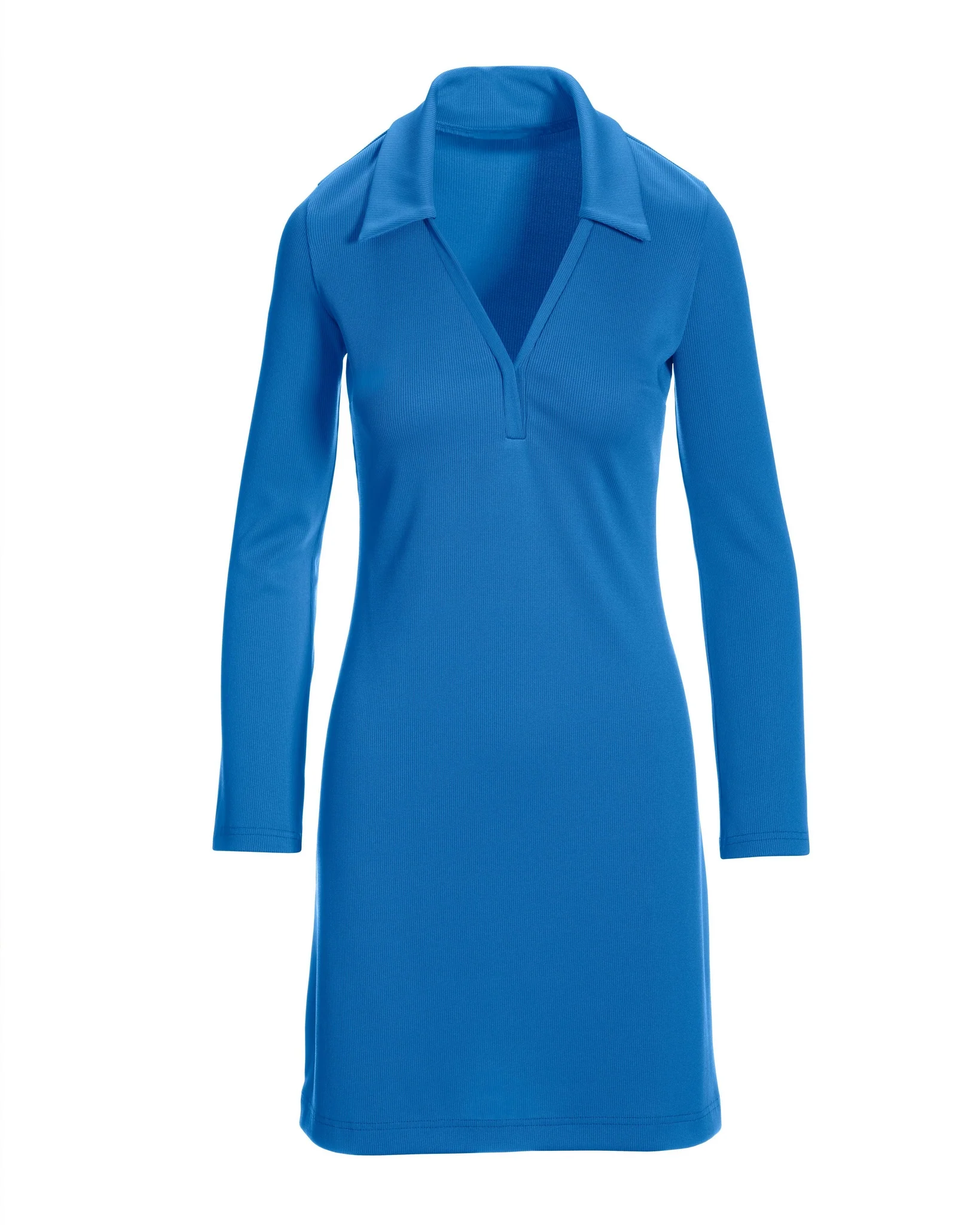 Collared v-neck long sleeve rib knit dress Palace Blue - Mycitystee