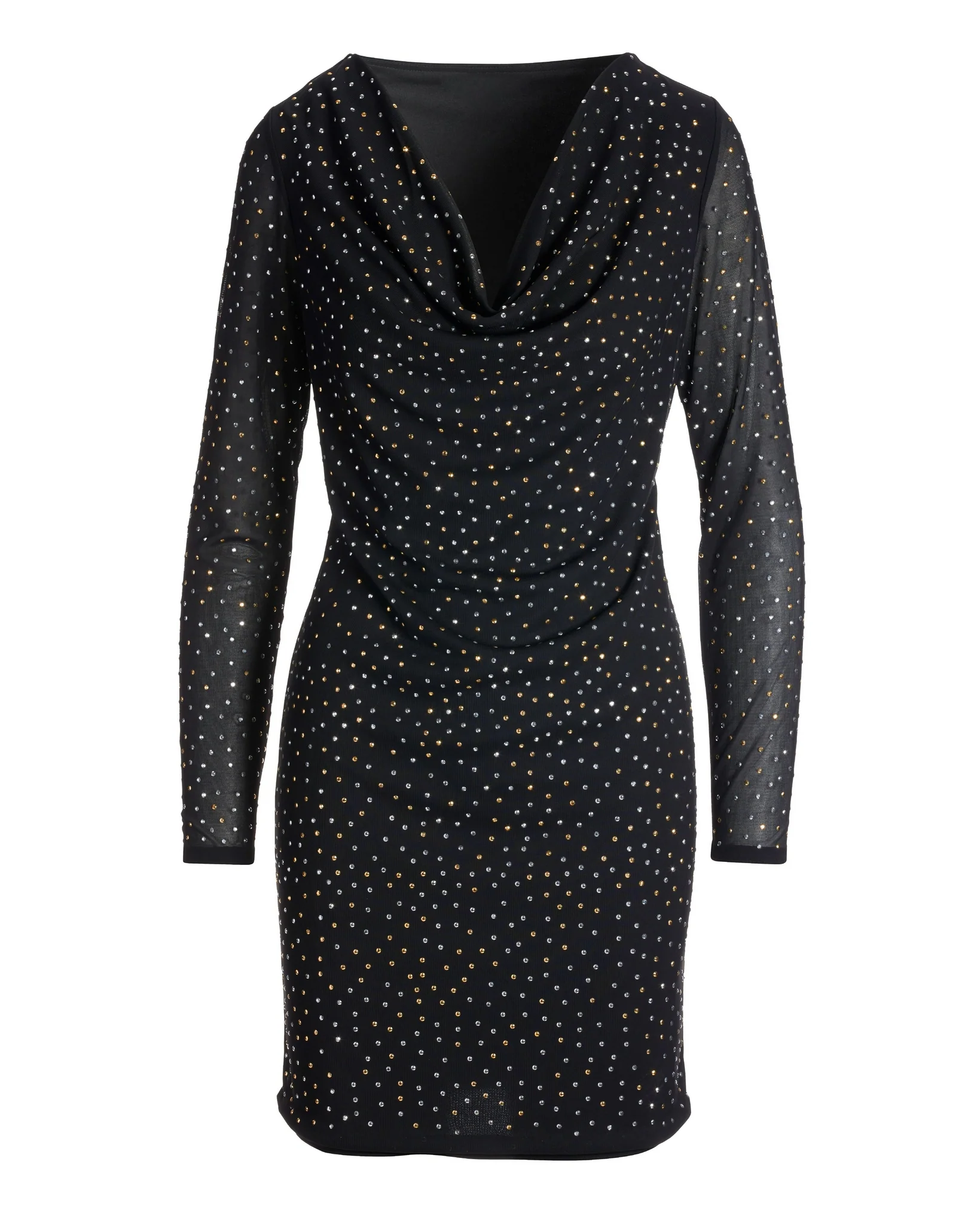 Metallic Bead Embellished Cowl-Neck Mesh Sheath Dress Black - Mycitystee