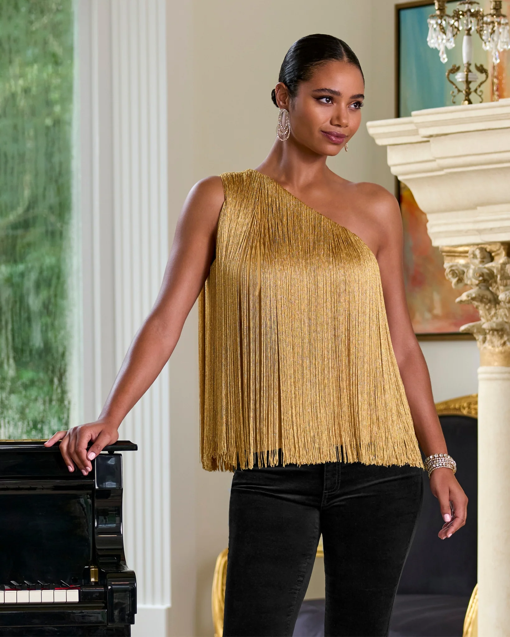 One Shoulder Fringe Top Gold - Mycitystee