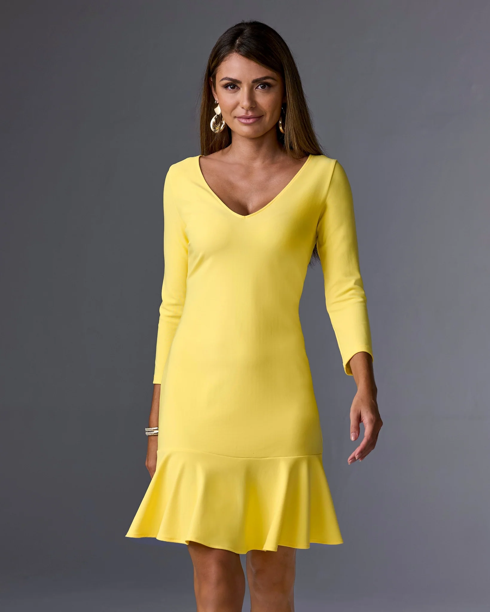 Beyond Travel Three Quarter Sleeve Flounce Dress Lemon Drop - Mycitystee