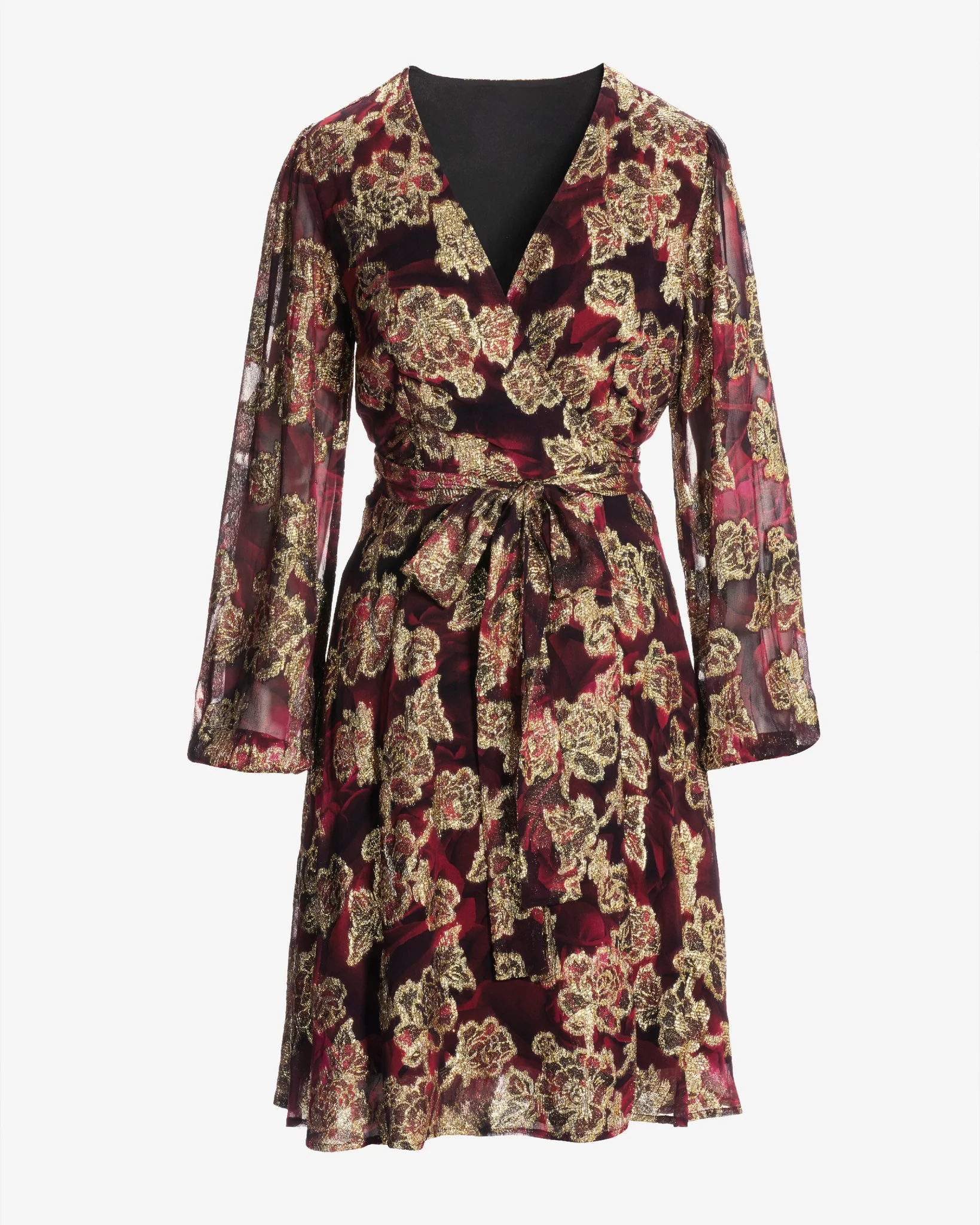 Rose Print Metallic Foil Wrap Dress Red - Mycitystee