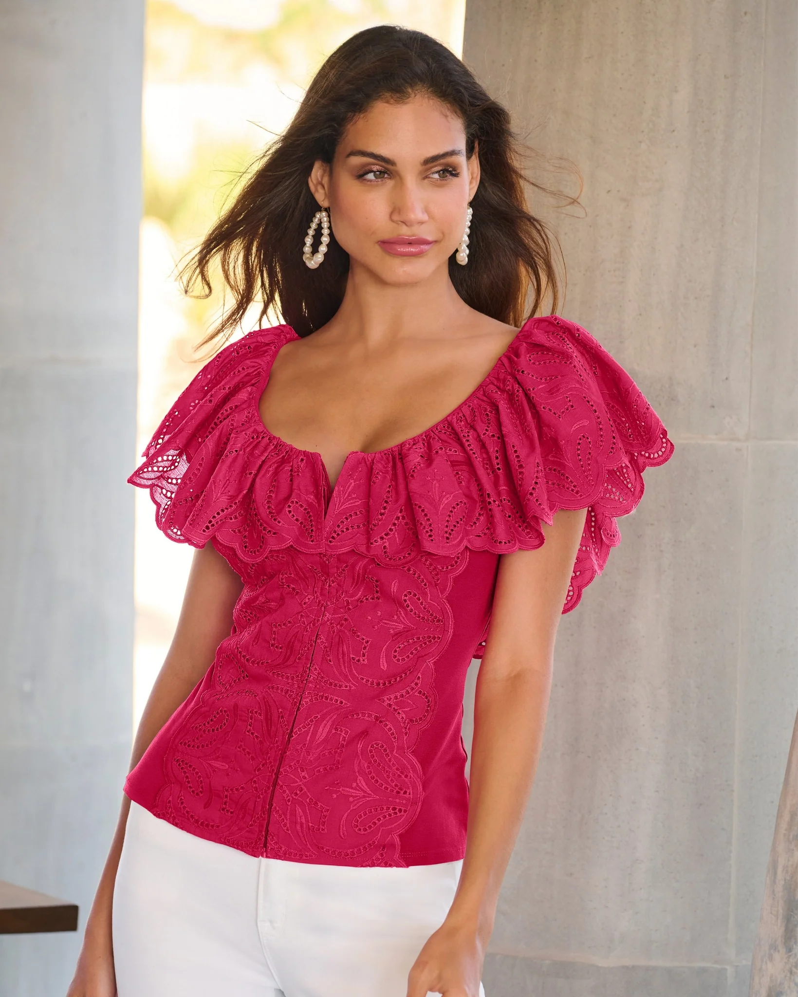 Eyelet Ruffle Zip-Up Top Raspberry - Mycitystee