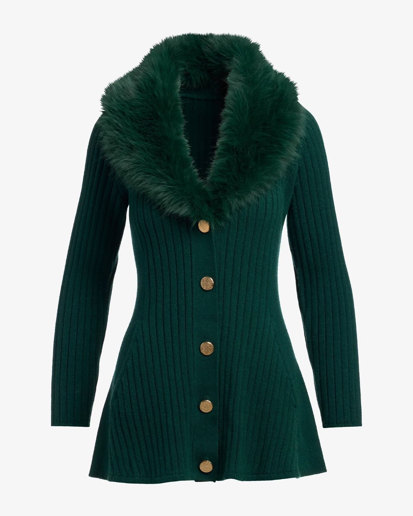 Faux Fur Trim Button Up A-Line Cardigan Emerald - Mycitystee