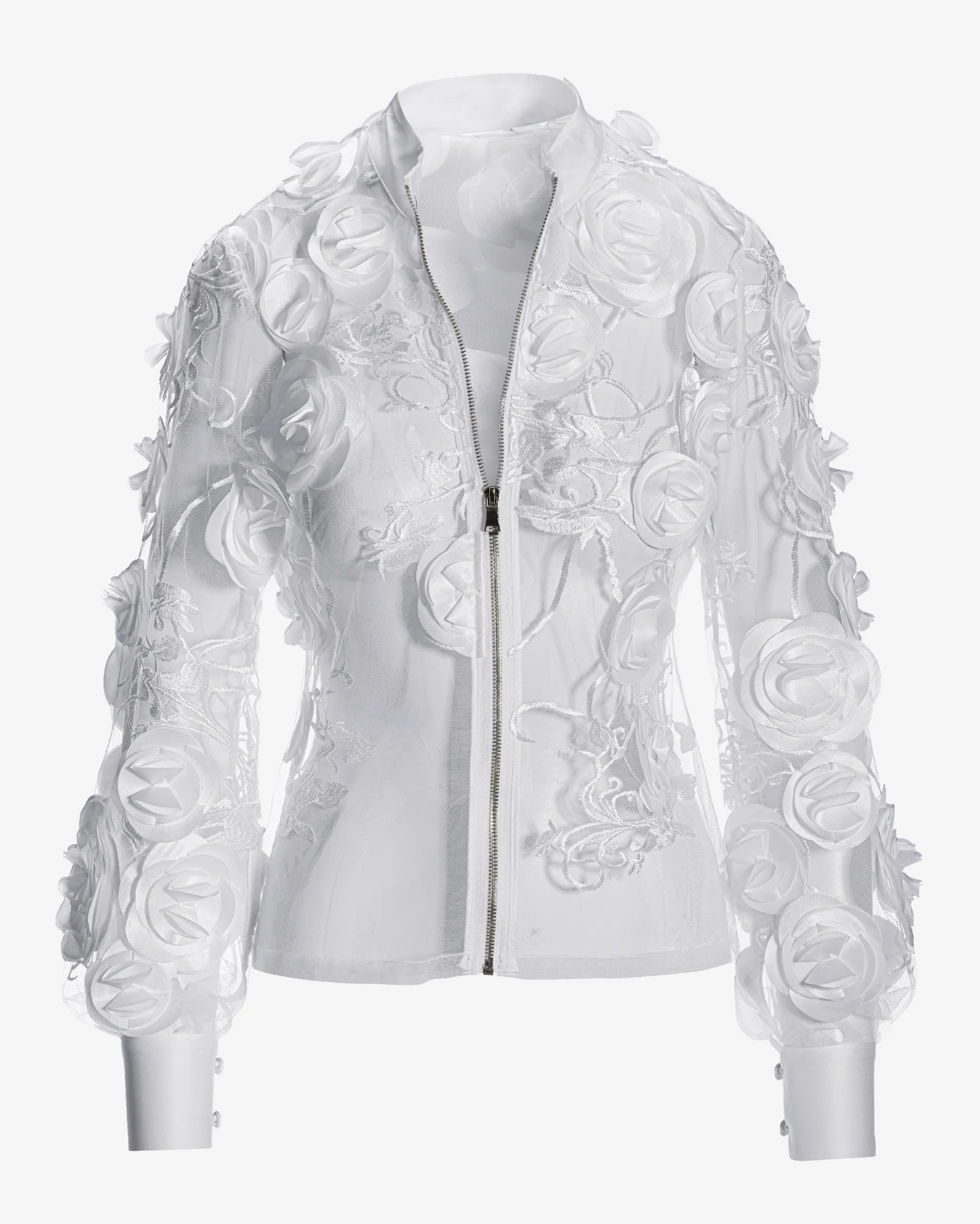 Mesh 3D Rosette Zip Jacket White - Mycitystee