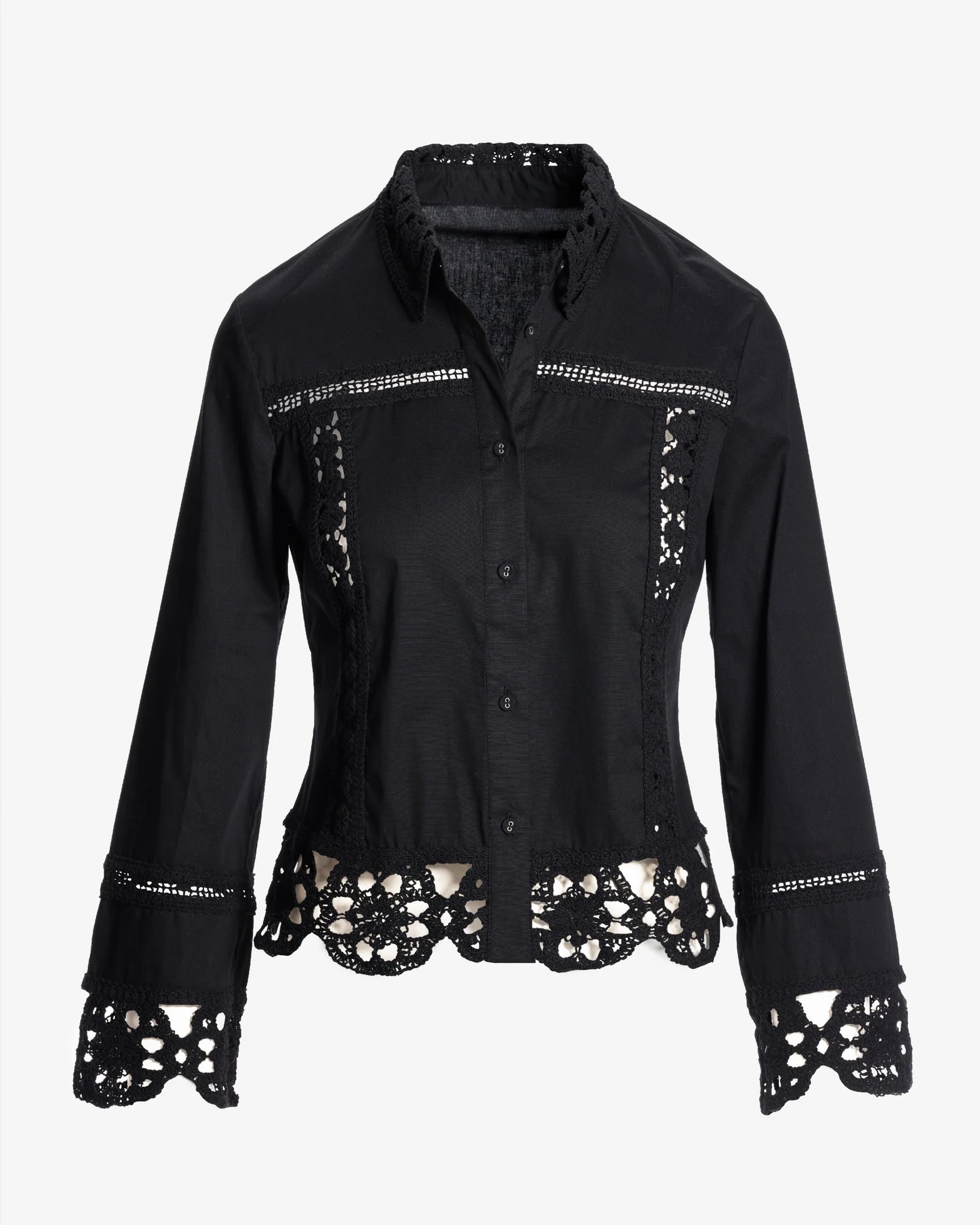 Crochet Trim Button-Up Shirt Black - Mycitystee