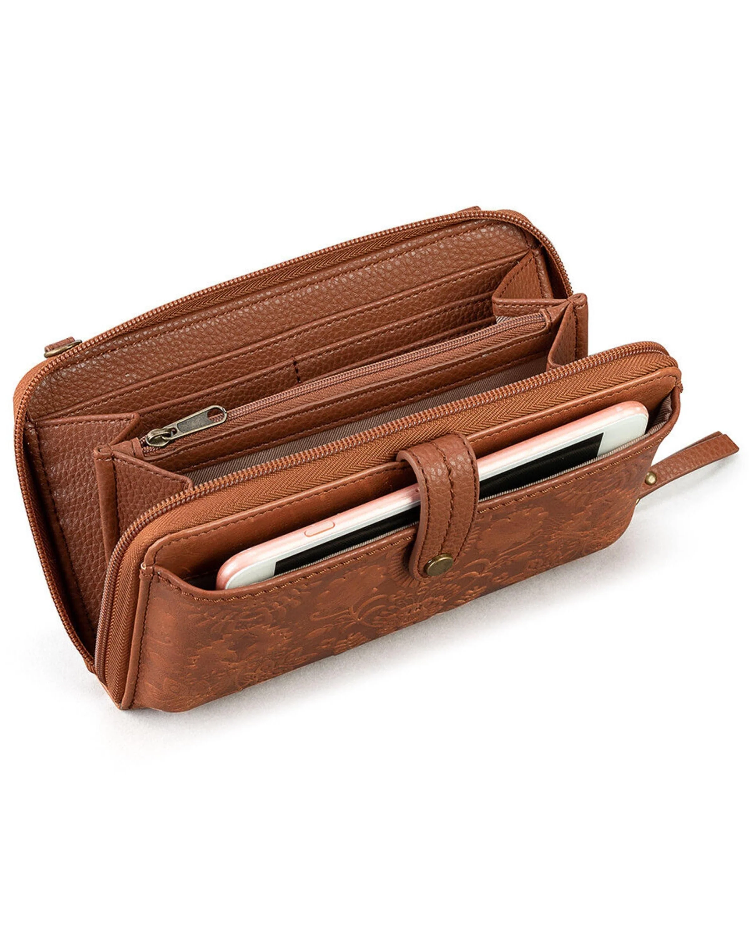 Iris Smartphone Wallet - Leather - Tobacco Floral Embossed - Mycitystee