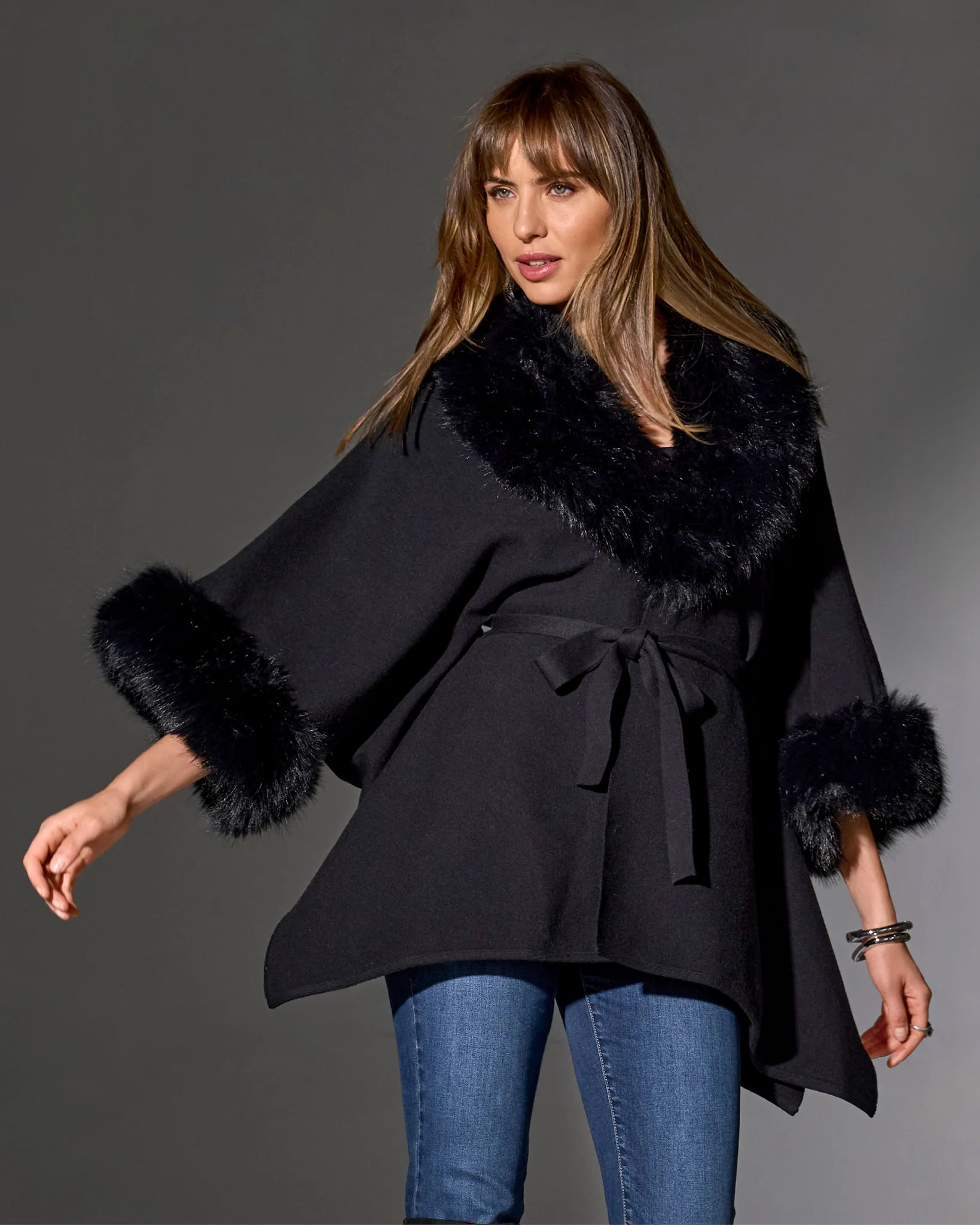 Faux Fur Tie Waist Poncho Proper Black - Mycitystee