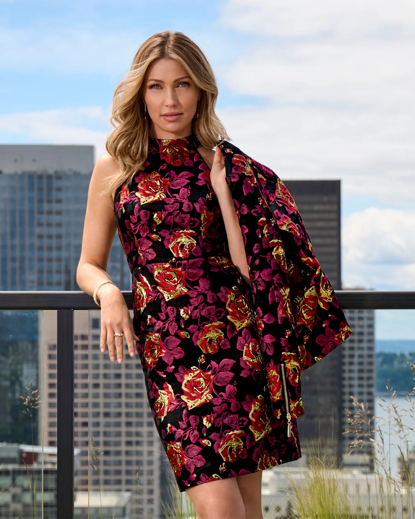 Jacquard Floral Sheath Mock Neck Dress Black Multi - Mycitystee