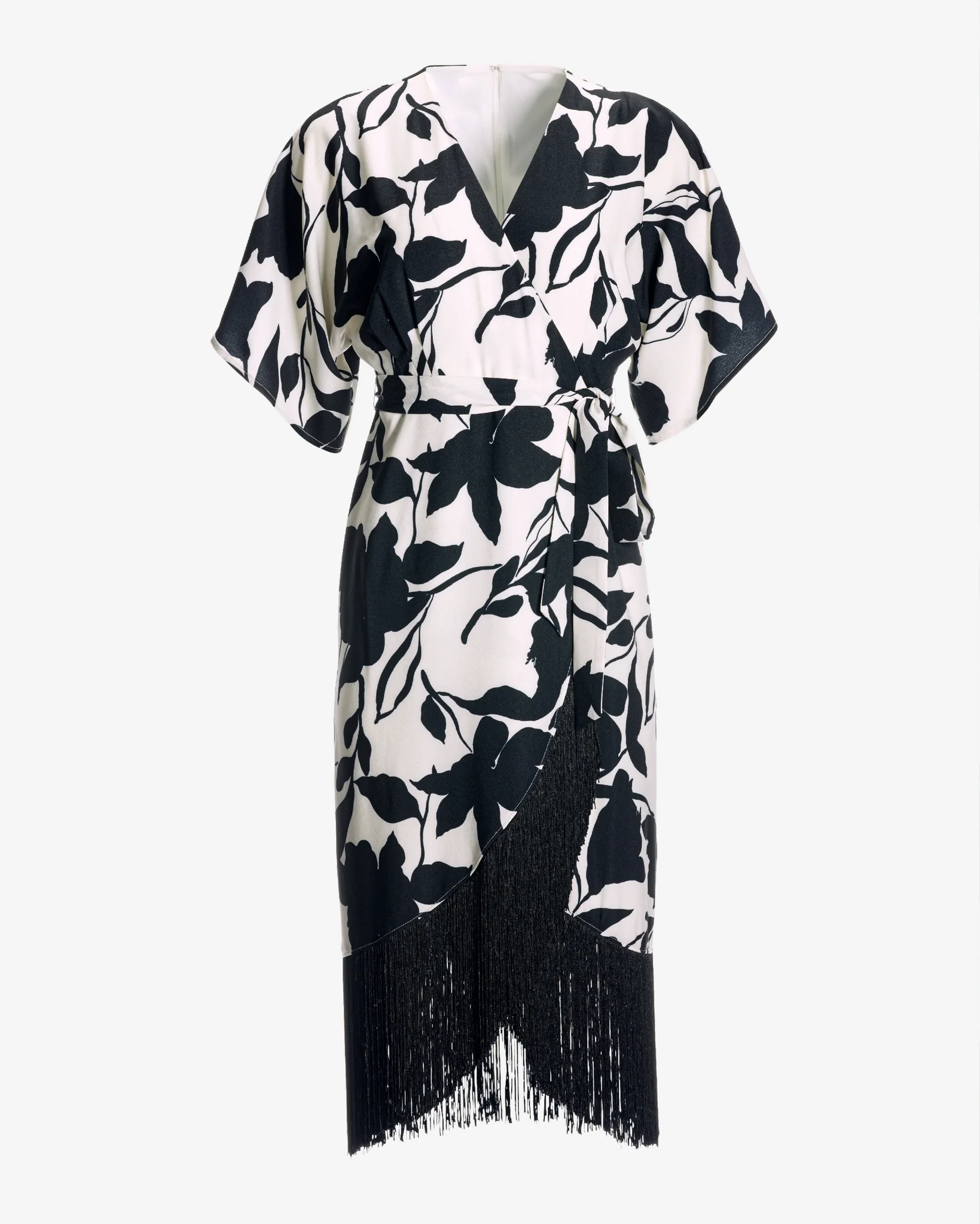 Cade Garden Fringe Wrap Knit Midi Dress Black/White - Mycitystee