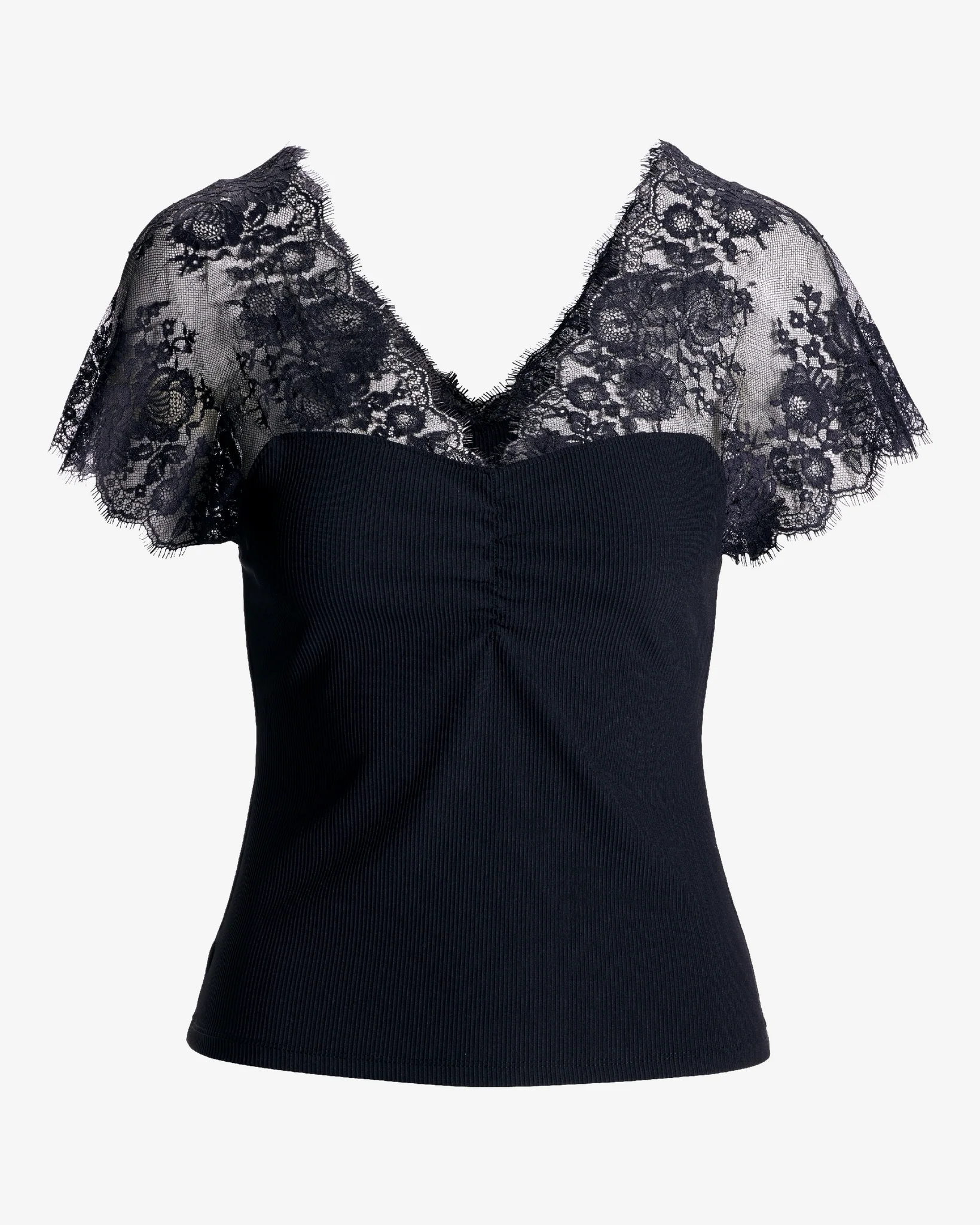 Delicate Lace and Slink Rib  Knit Top Proper Black - Mycitystee