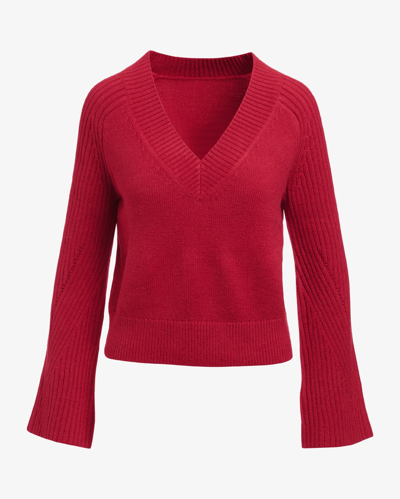 Wide Rib V-Neck Bell Sleeve Sweater Lipstick Red - Mycitystee