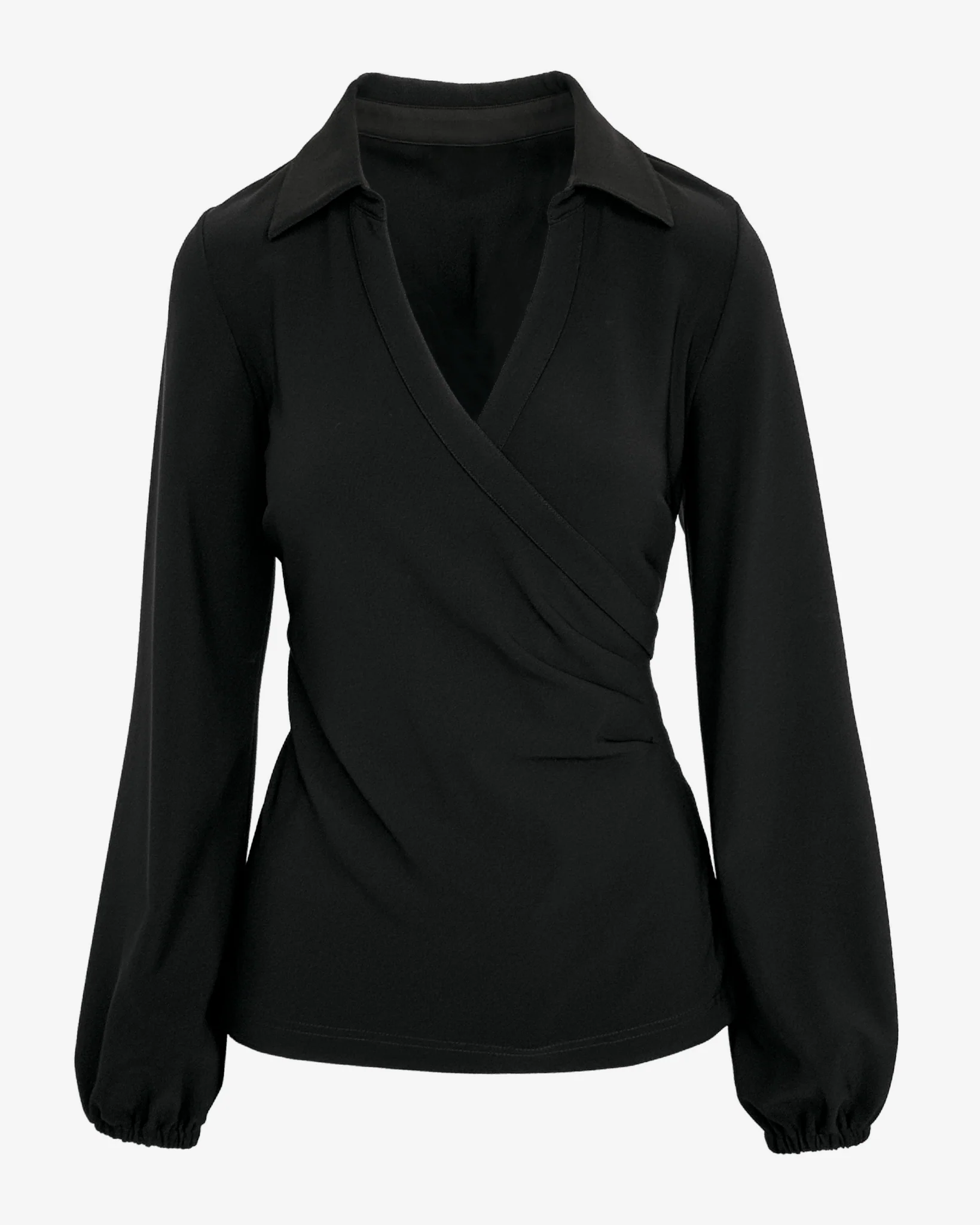 Beyond Travel Long-Sleeve Collared Wrap Top Jet Black - Mycitystee