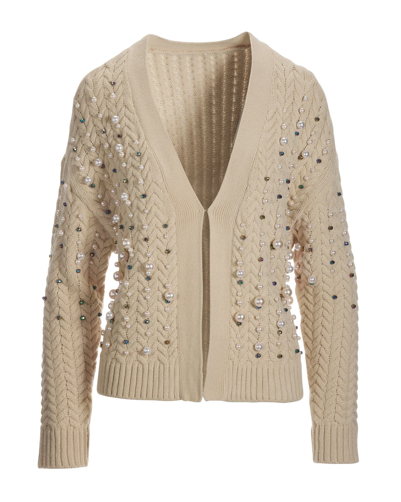 Pearl Embellished Cable Cardigan Tan - Mycitystee