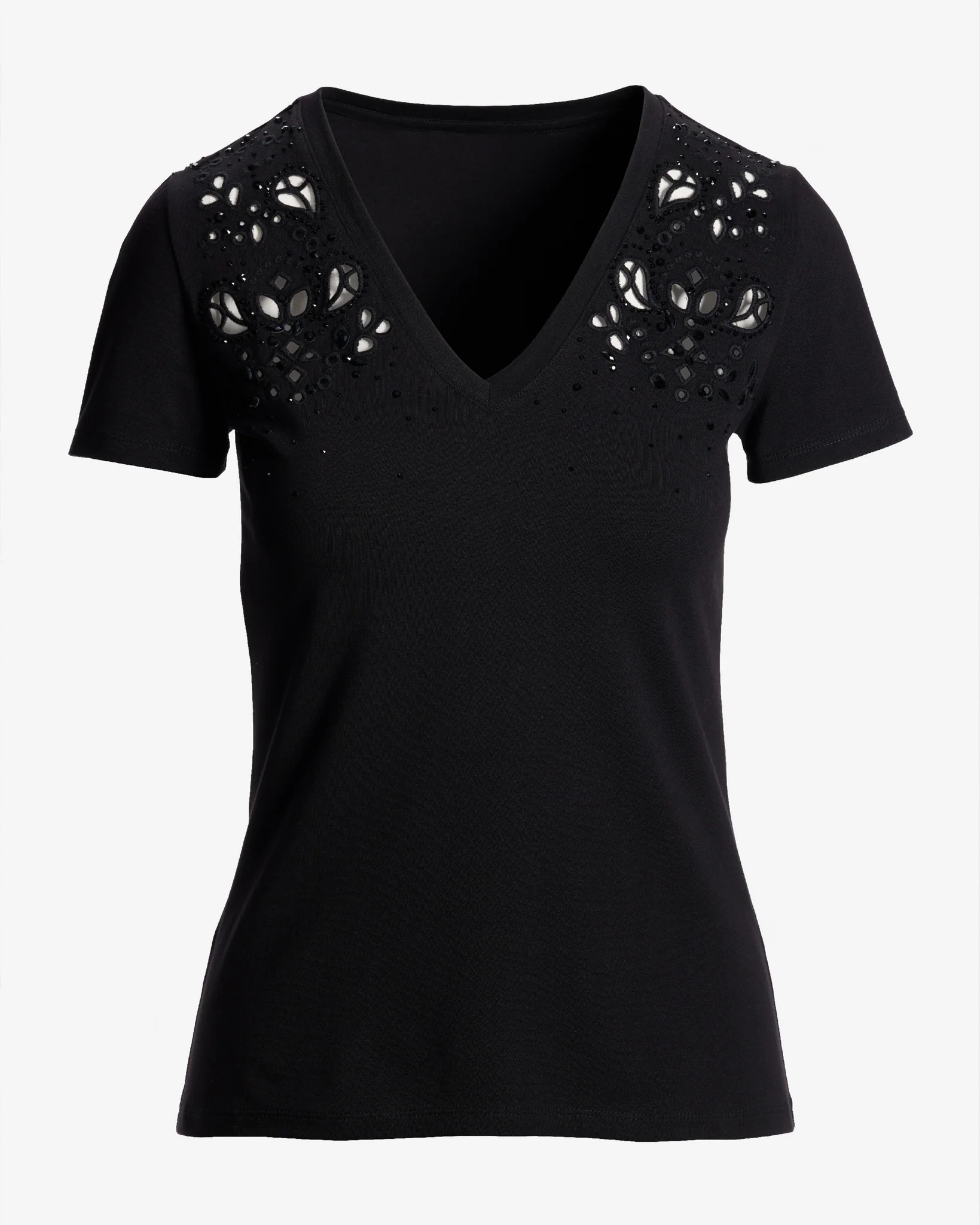 Rhinestone Eyelet V Neck Tee Proper Black - Mycitystee