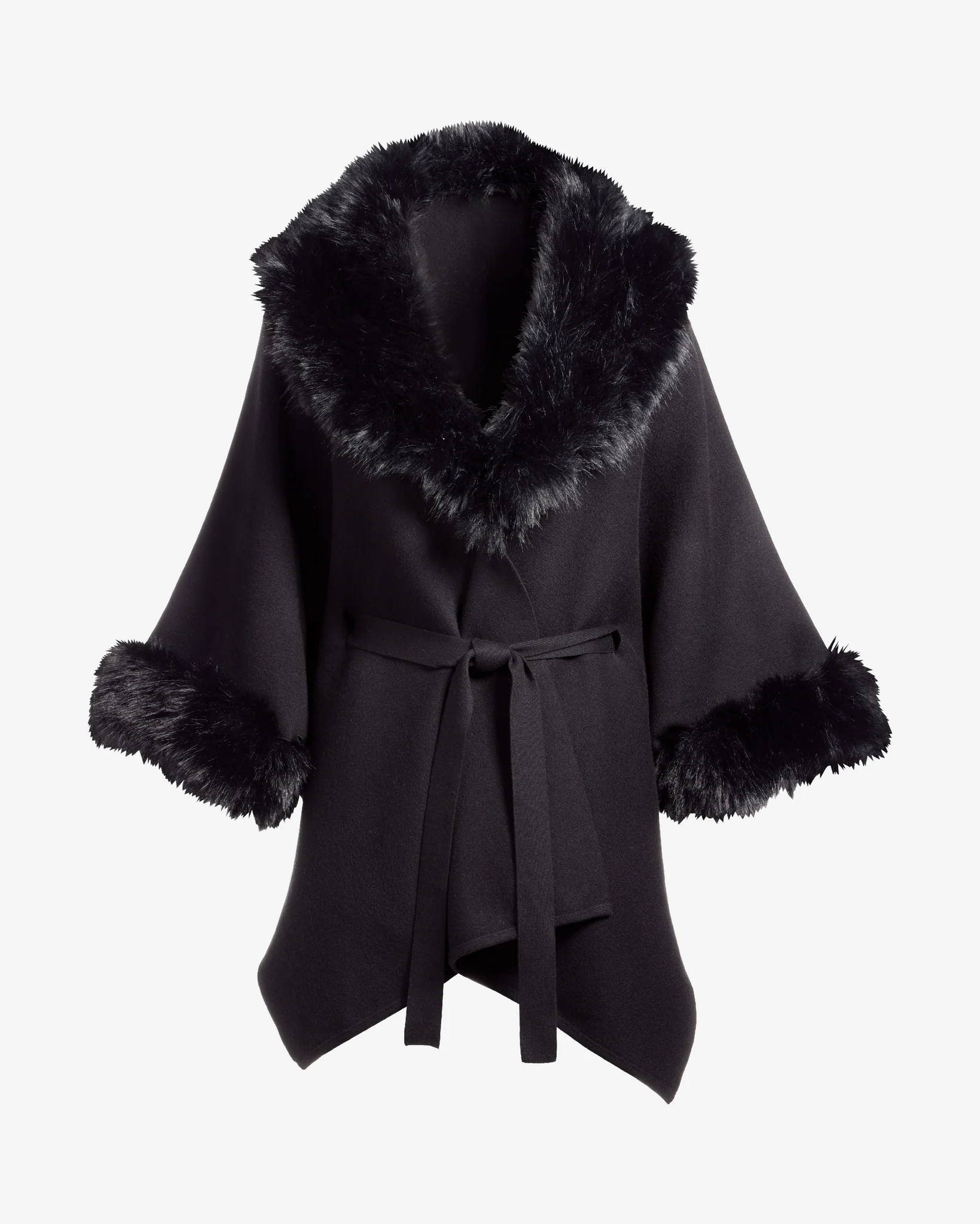 Faux Fur Tie Waist Poncho Proper Black - Mycitystee