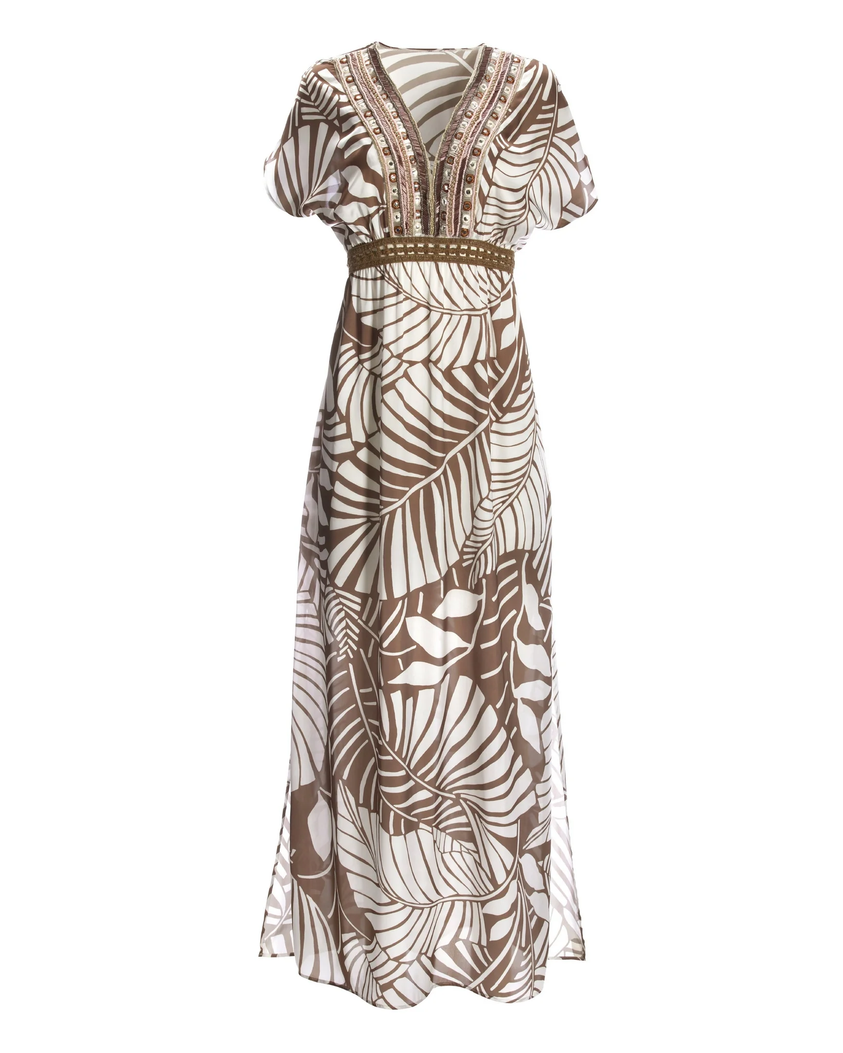 Palm Print Embellished Trim Caftan Maxi dress Brown/White - Mycitystee
