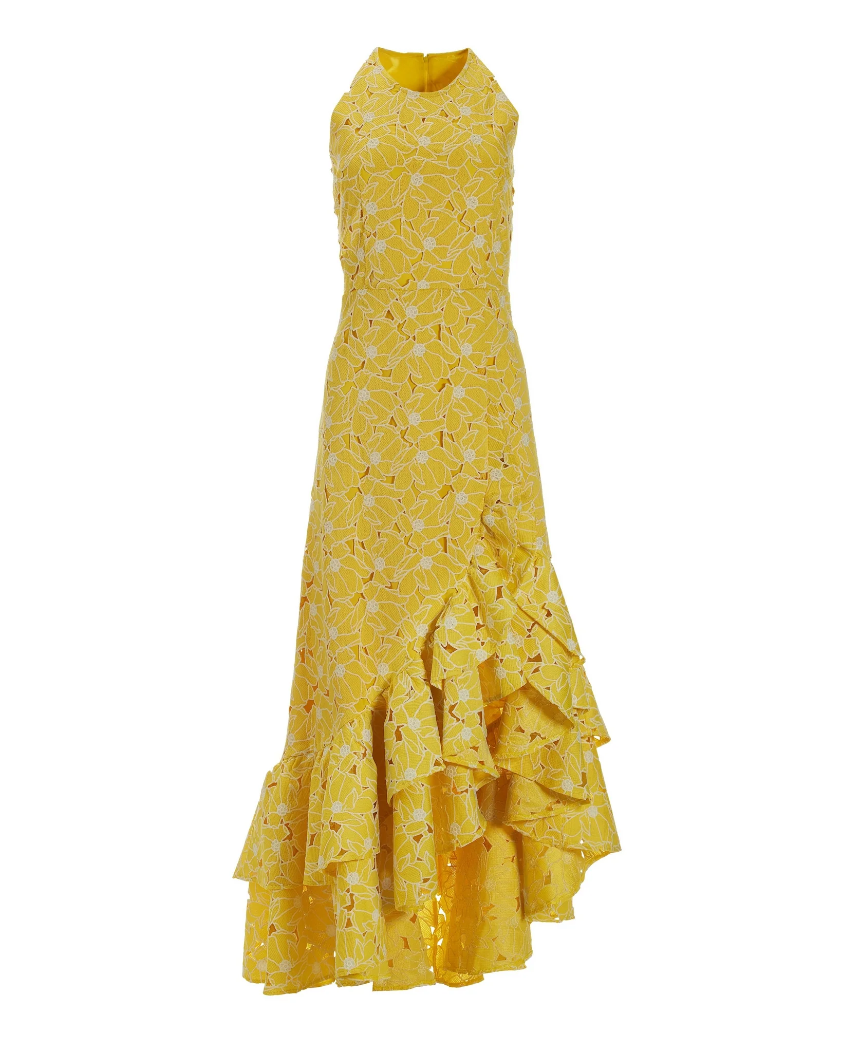 High-Neck Lace Ruffle Gown Yellow - Mycitystee