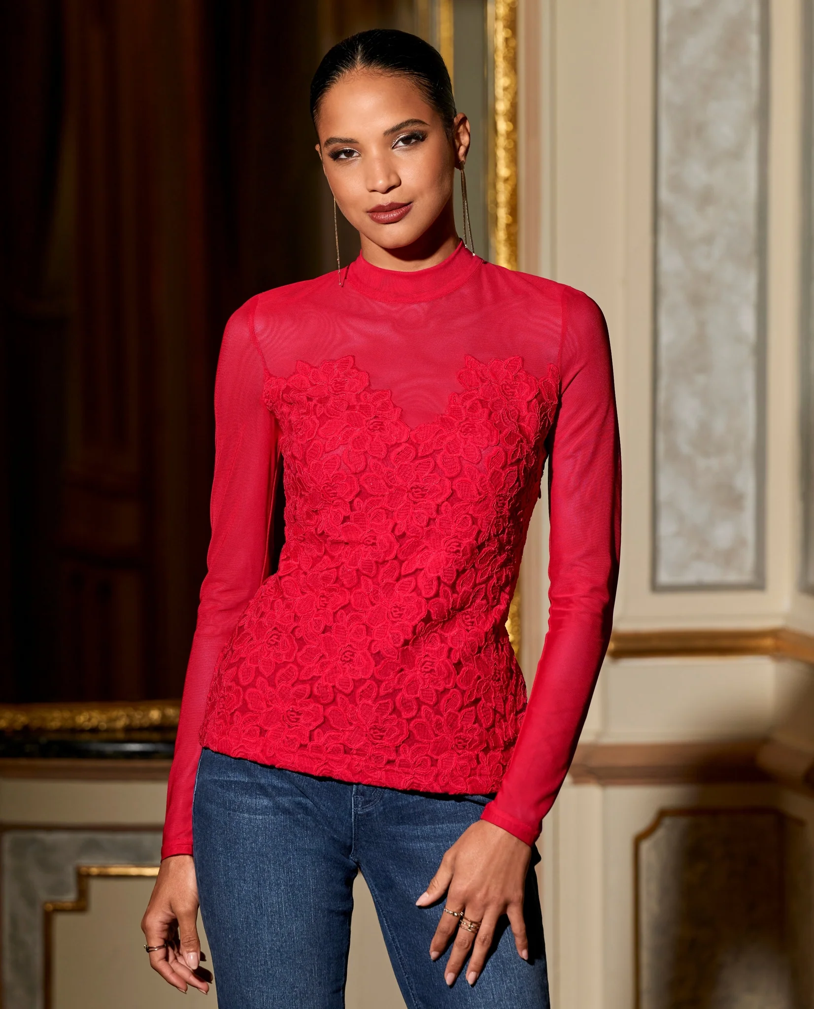 Lace Mesh Knit Top Racing Red - Mycitystee