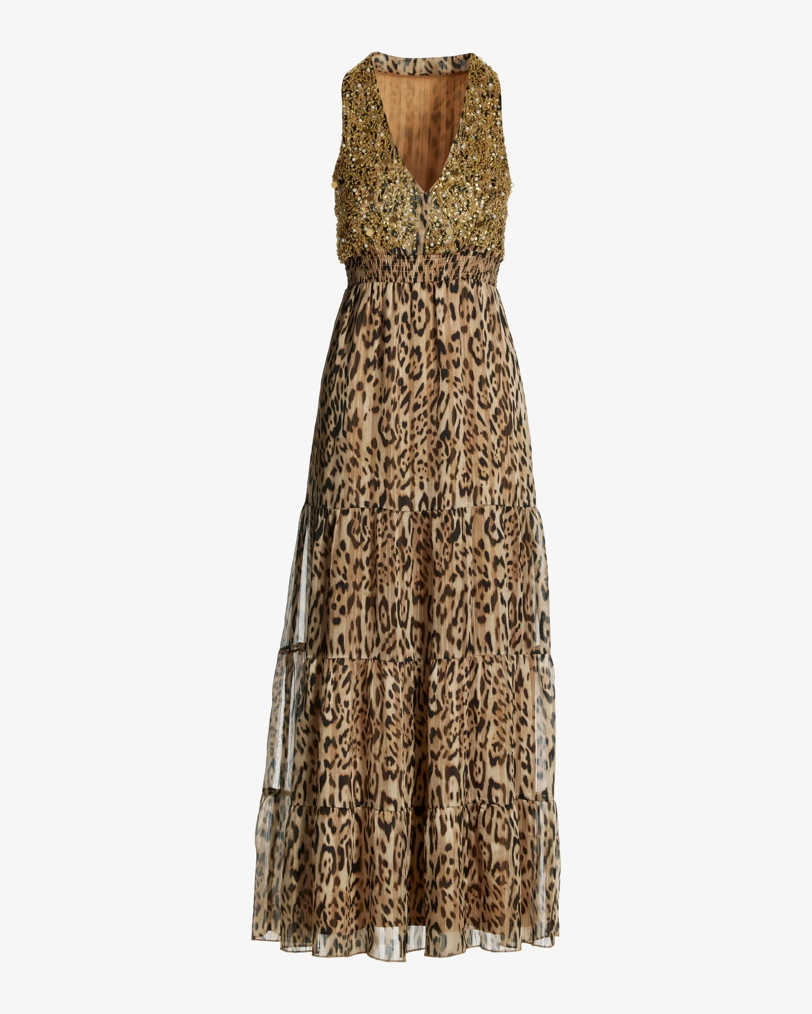 Pearl Embellished Leopard Print Shimmer Maxi Dress Brown Multi - Mycitystee