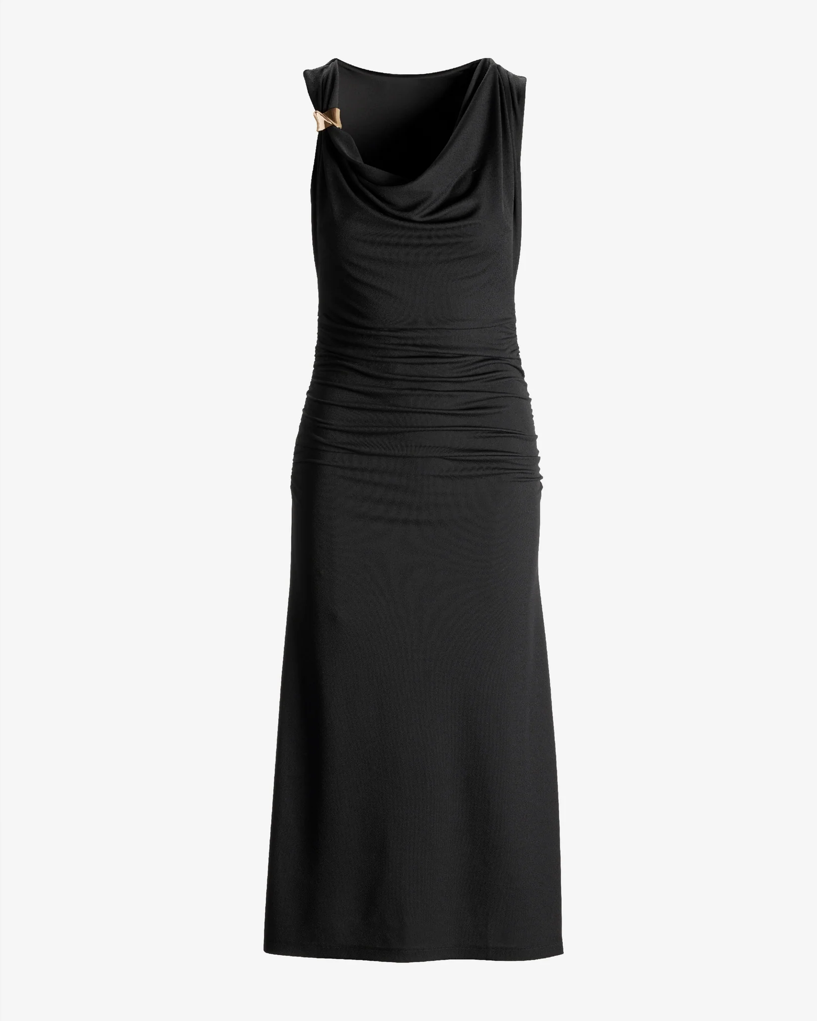 Cowl Neck Hardware Detail Ruched Knit Sheath Dress Black - Mycitystee